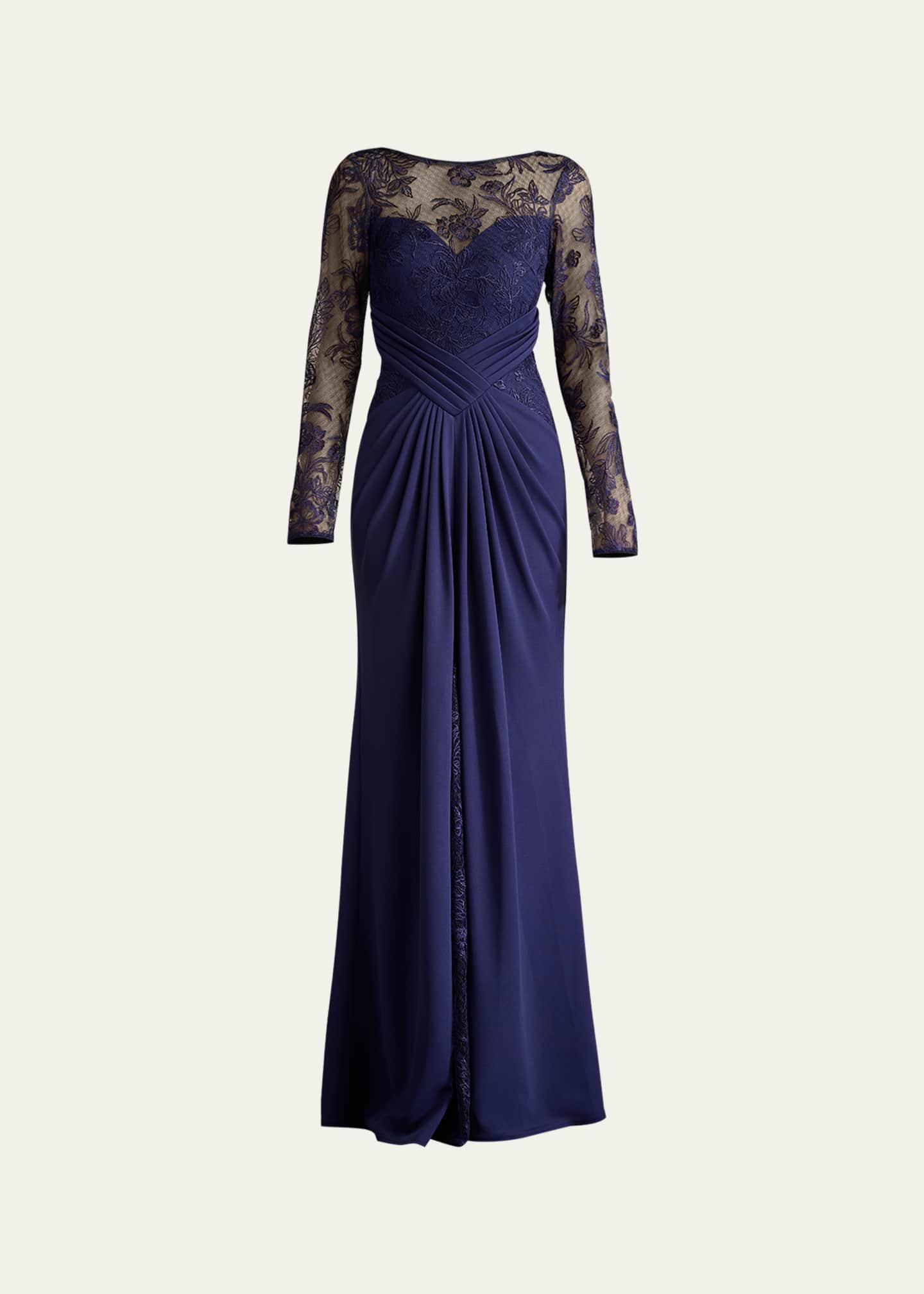 Tadashi Shoji Pleated Crepe & Embroidered Lace Gown Image 1 of 5