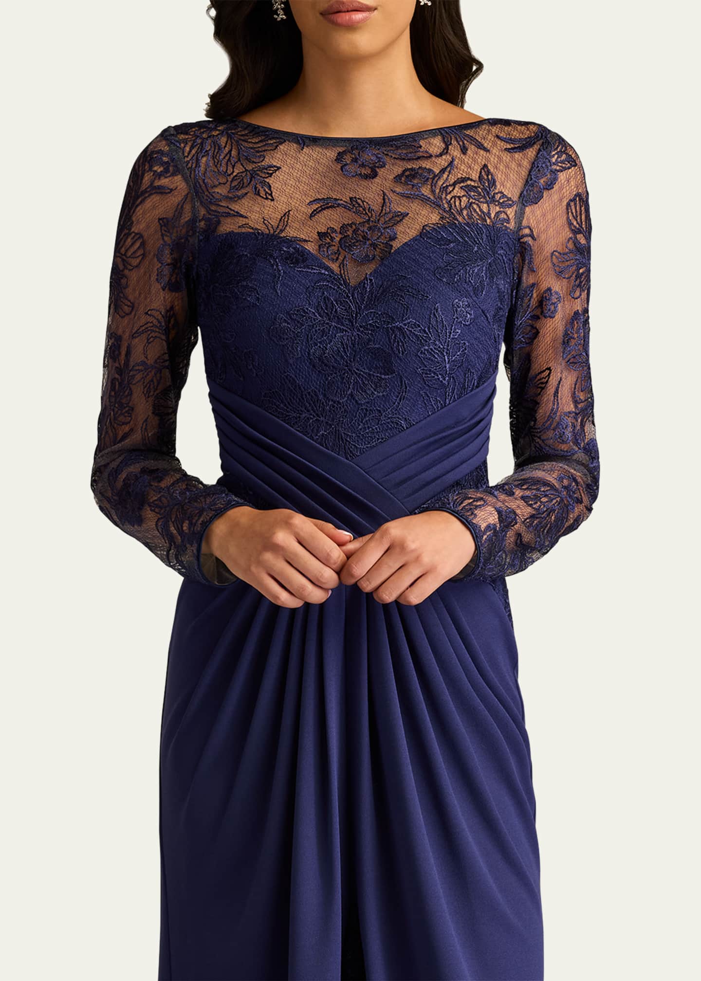 Tadashi Shoji Pleated Crepe & Embroidered Lace Gown Image 5 of 5
