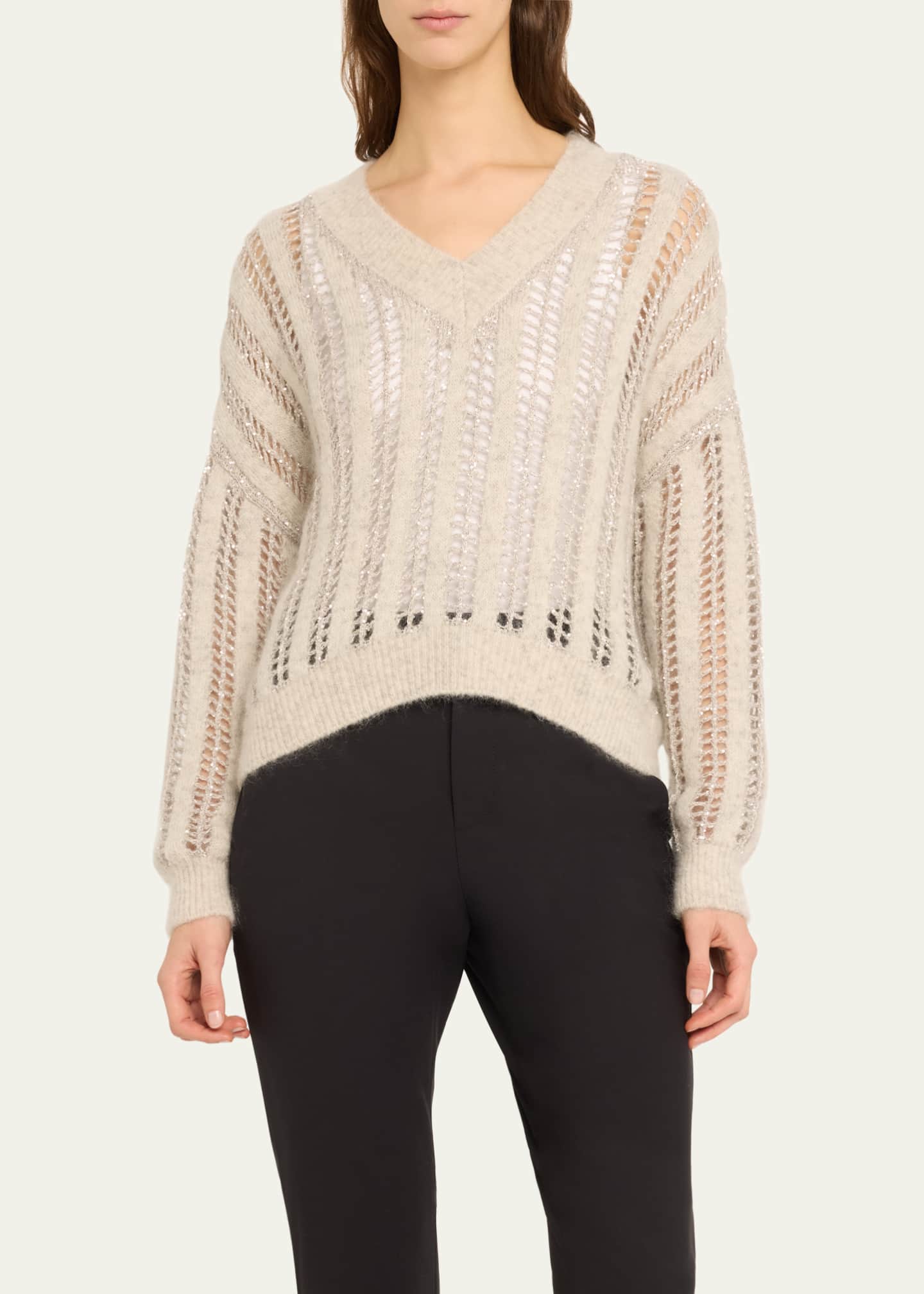 Brunello Cucinelli Mohair Wool Lattice Knit Sweater with Paillette Detail Image 4 of 5