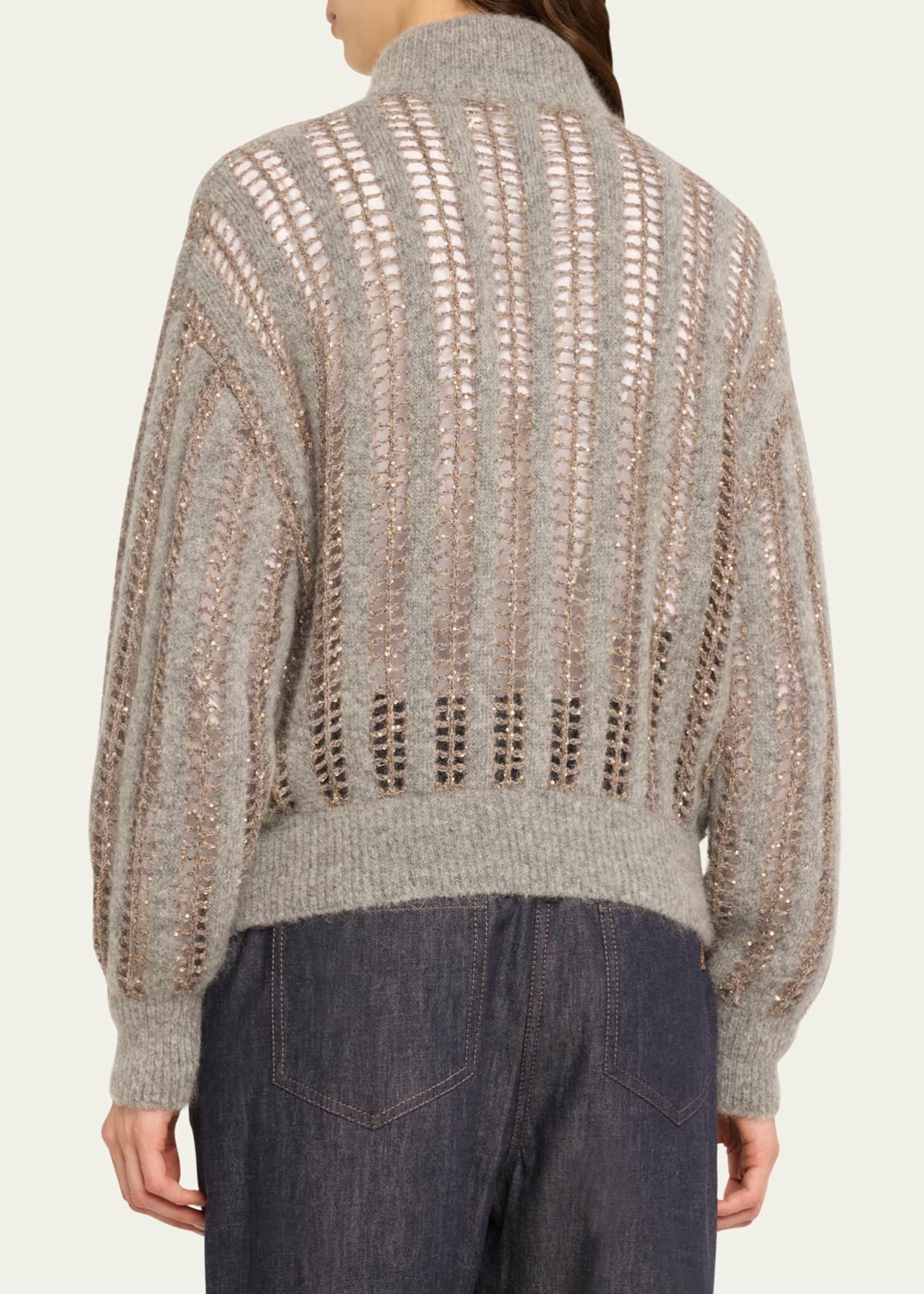 Brunello Cucinelli Mohair Wool Lattice Knit Zip-Up Cardigan with Paillette Detail Image 3 of 5