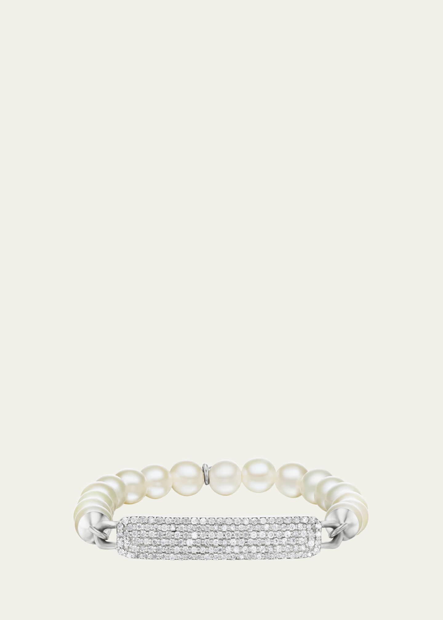 Sheryl Lowe Pave Diamond Small ID Tag on 8mm Pearl Bead Bracelet