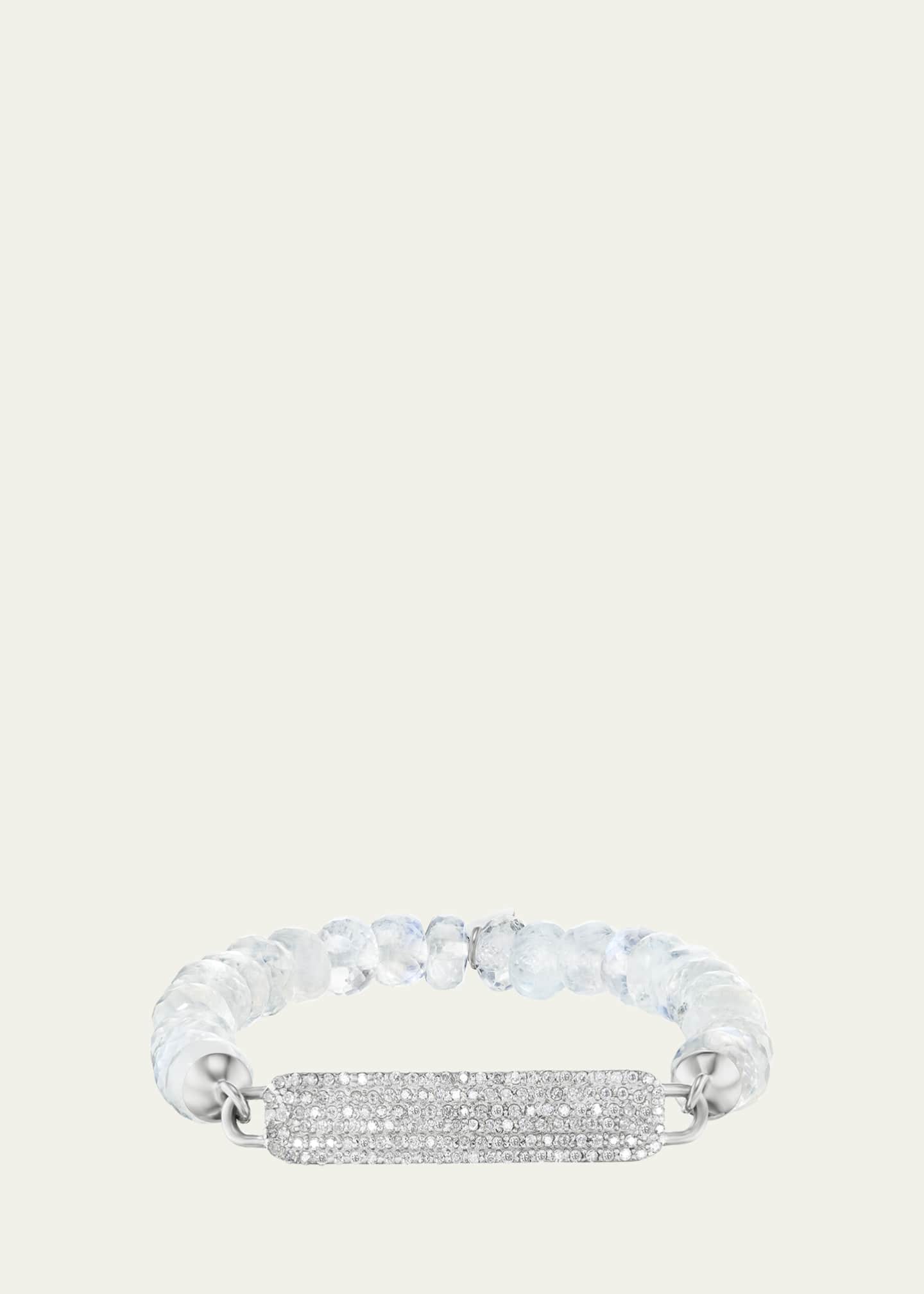 Sheryl Lowe Pave Diamond Small ID Tag on 8mm Rainbow Moonstone Bead Bracelet