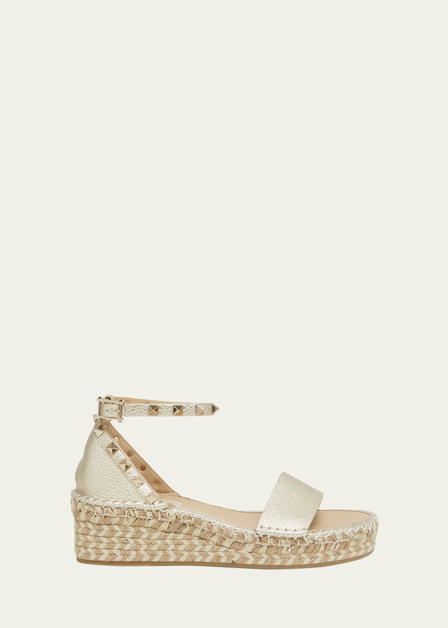 Valentino Rockstud Metallic Ankle Strap Flatform Espadrilles Platino Naturale