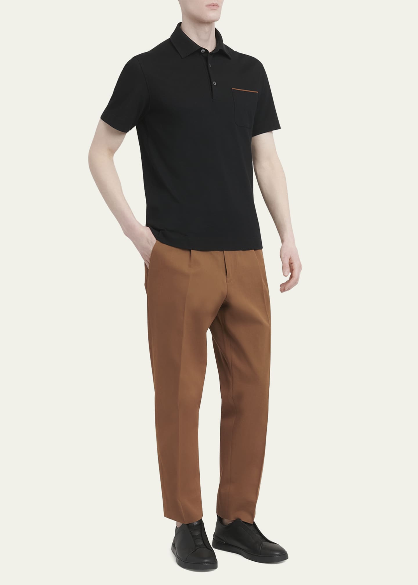 ZEGNA Men's Cotton Polo Shirt with Leather-Trim Pocket Image 2 of 5