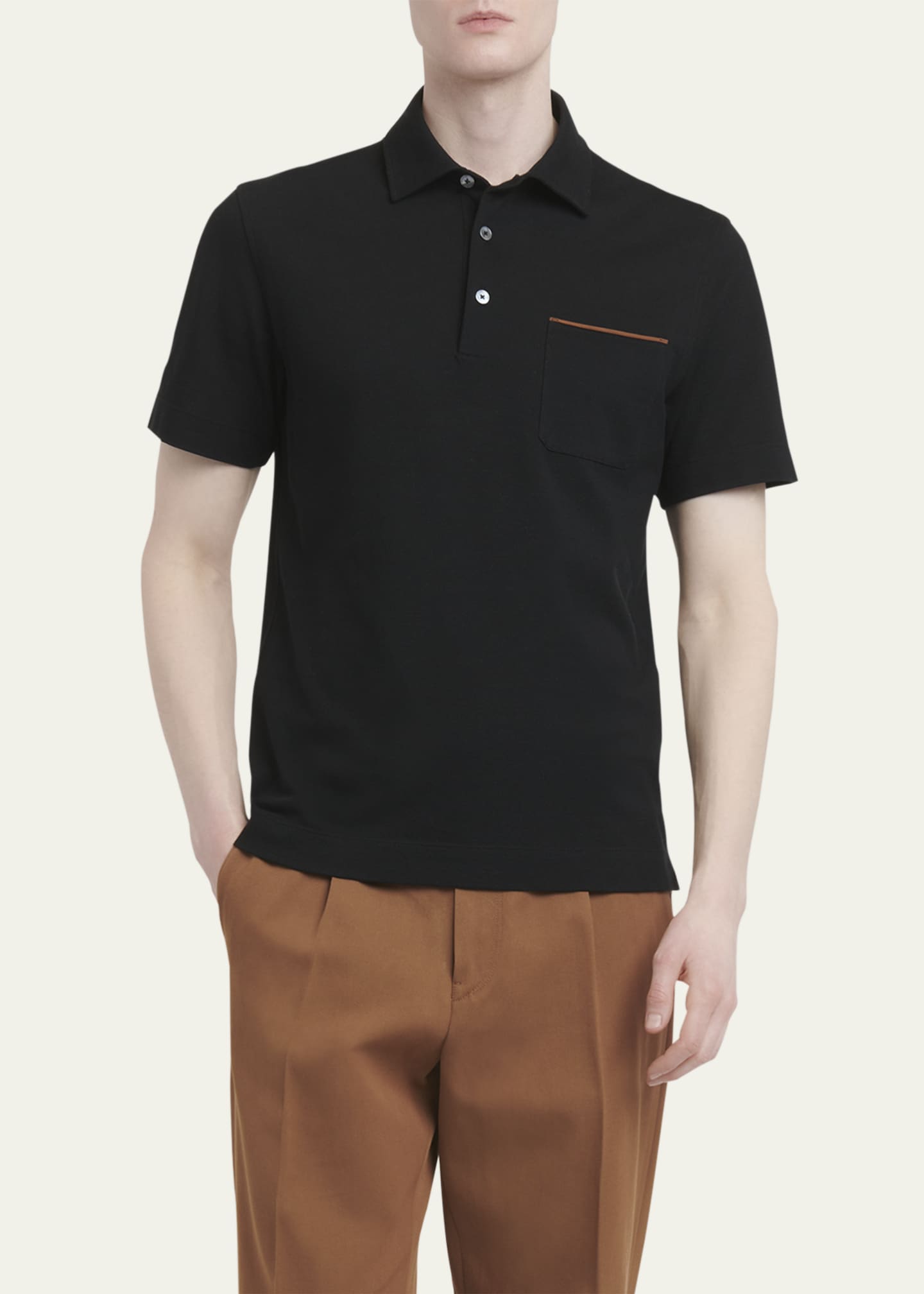 ZEGNA Men's Cotton Polo Shirt with Leather-Trim Pocket Image 4 of 5