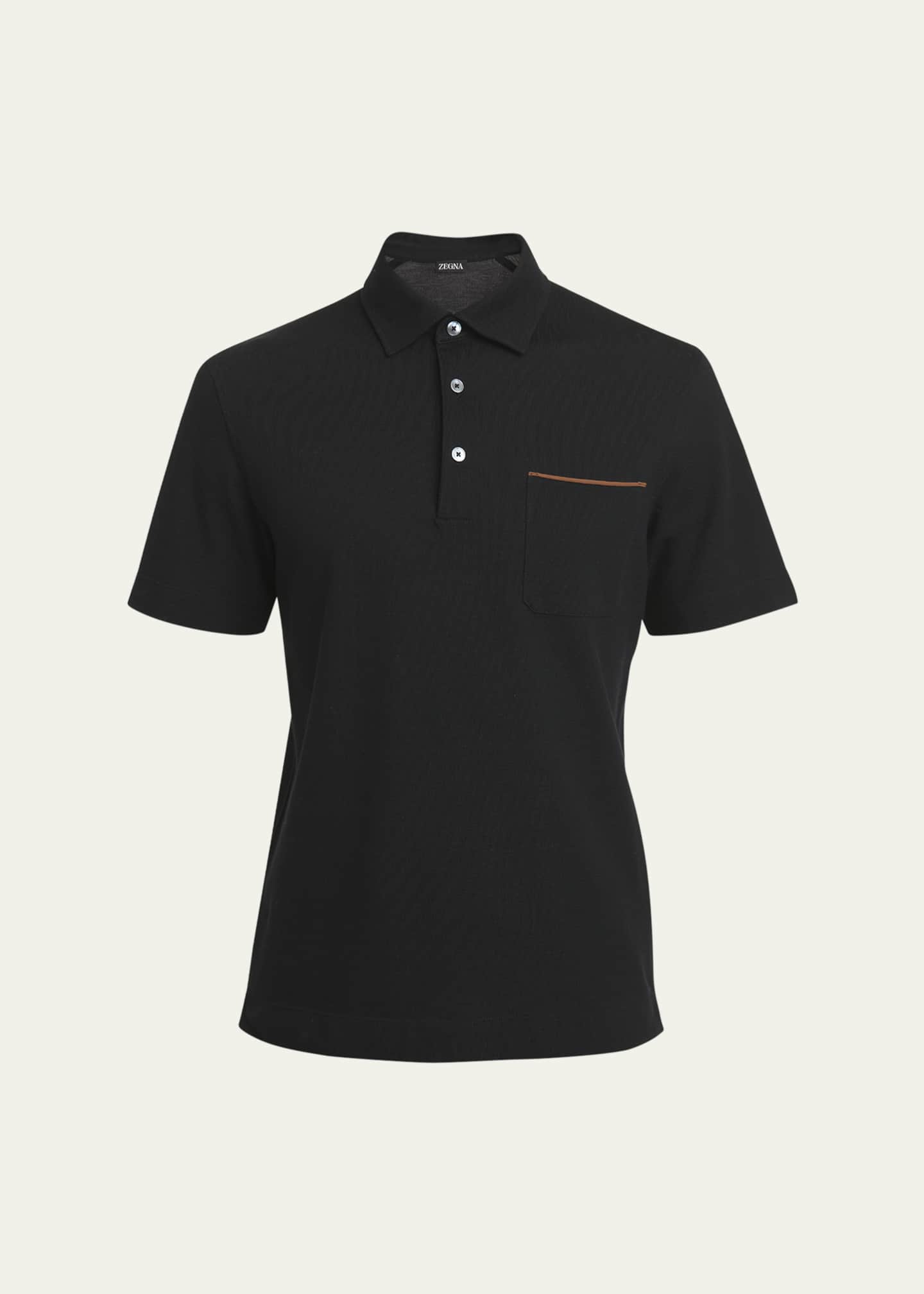 ZEGNA Men's Cotton Polo Shirt with Leather-Trim Pocket Image 1 of 5