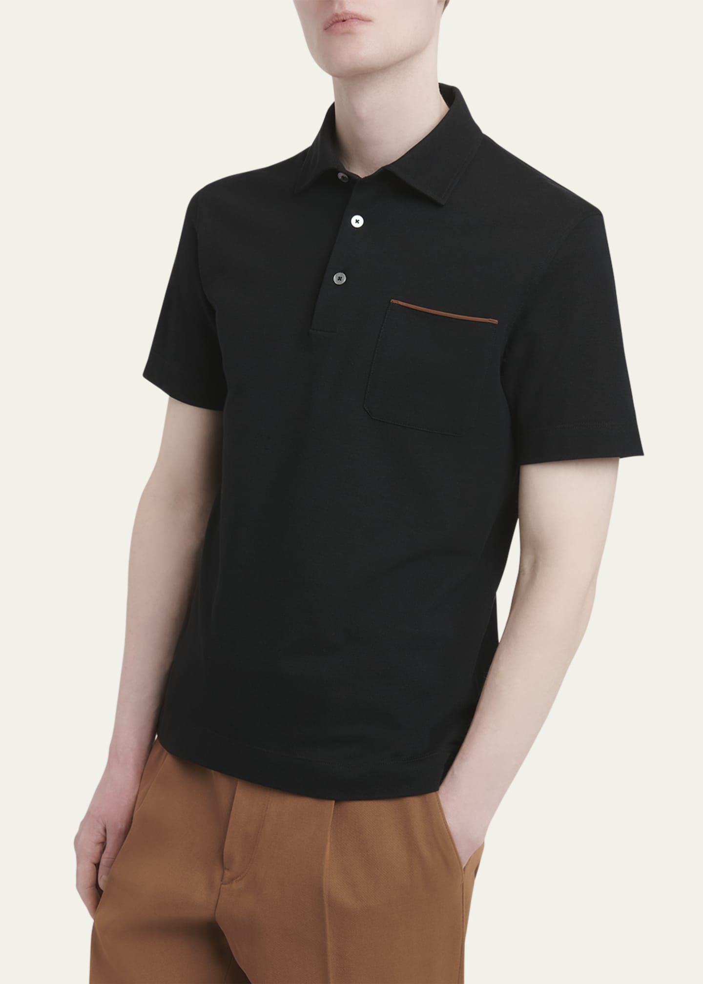 ZEGNA Men's Cotton Polo Shirt with Leather-Trim Pocket Image 5 of 5