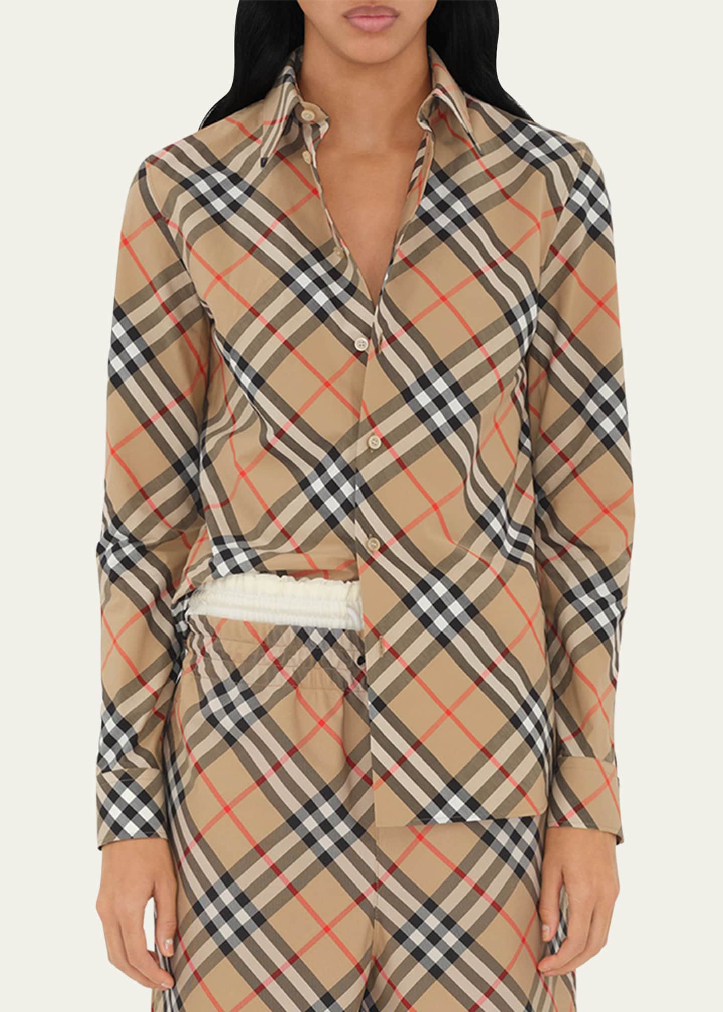 Burberry Check Long-Sleeve Cotton Button-Down Top Image 4 of 5