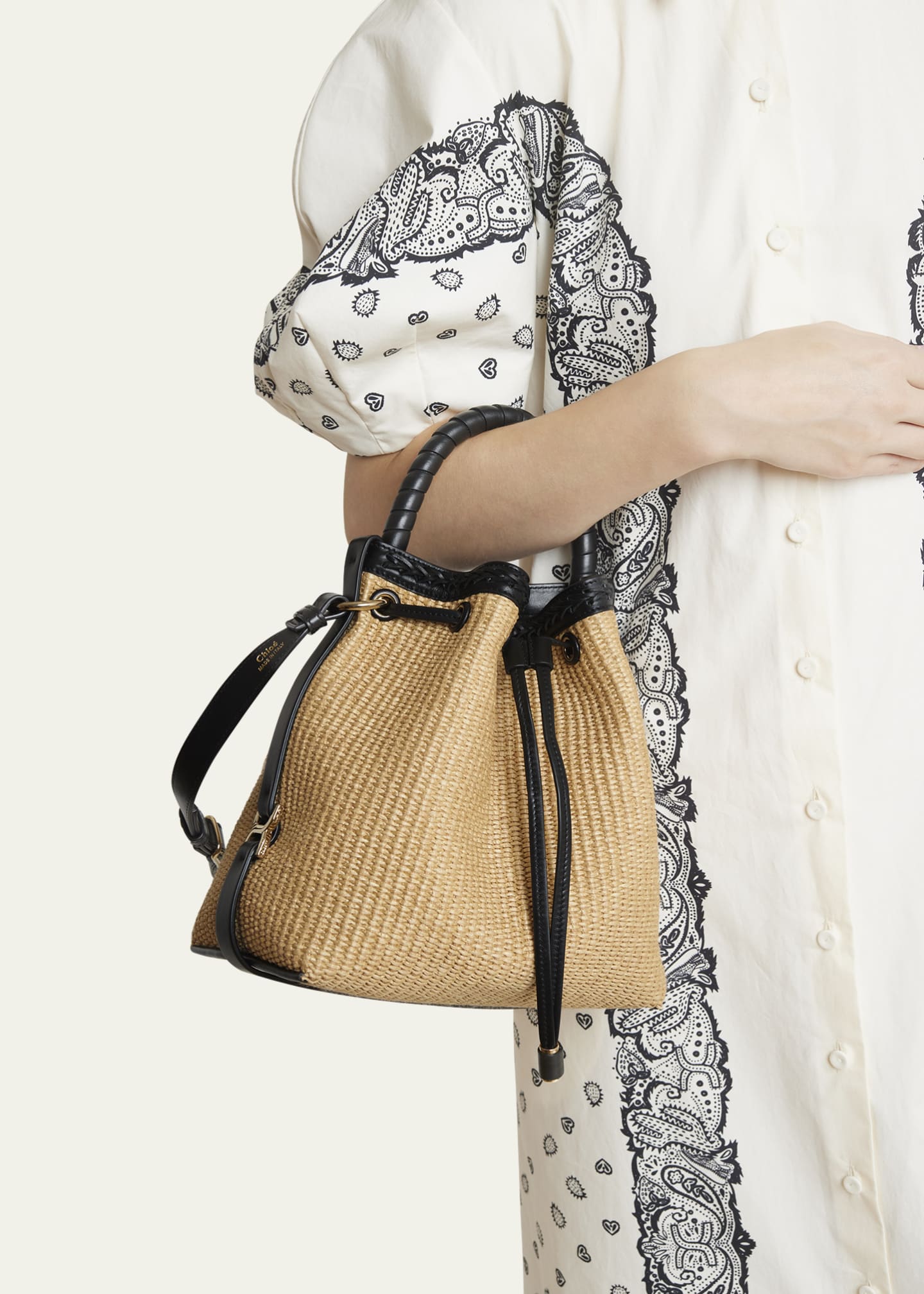 Chloe Marcie Drawstring Bucket Bag in Raffia and Leather - Bergdorf Goodman