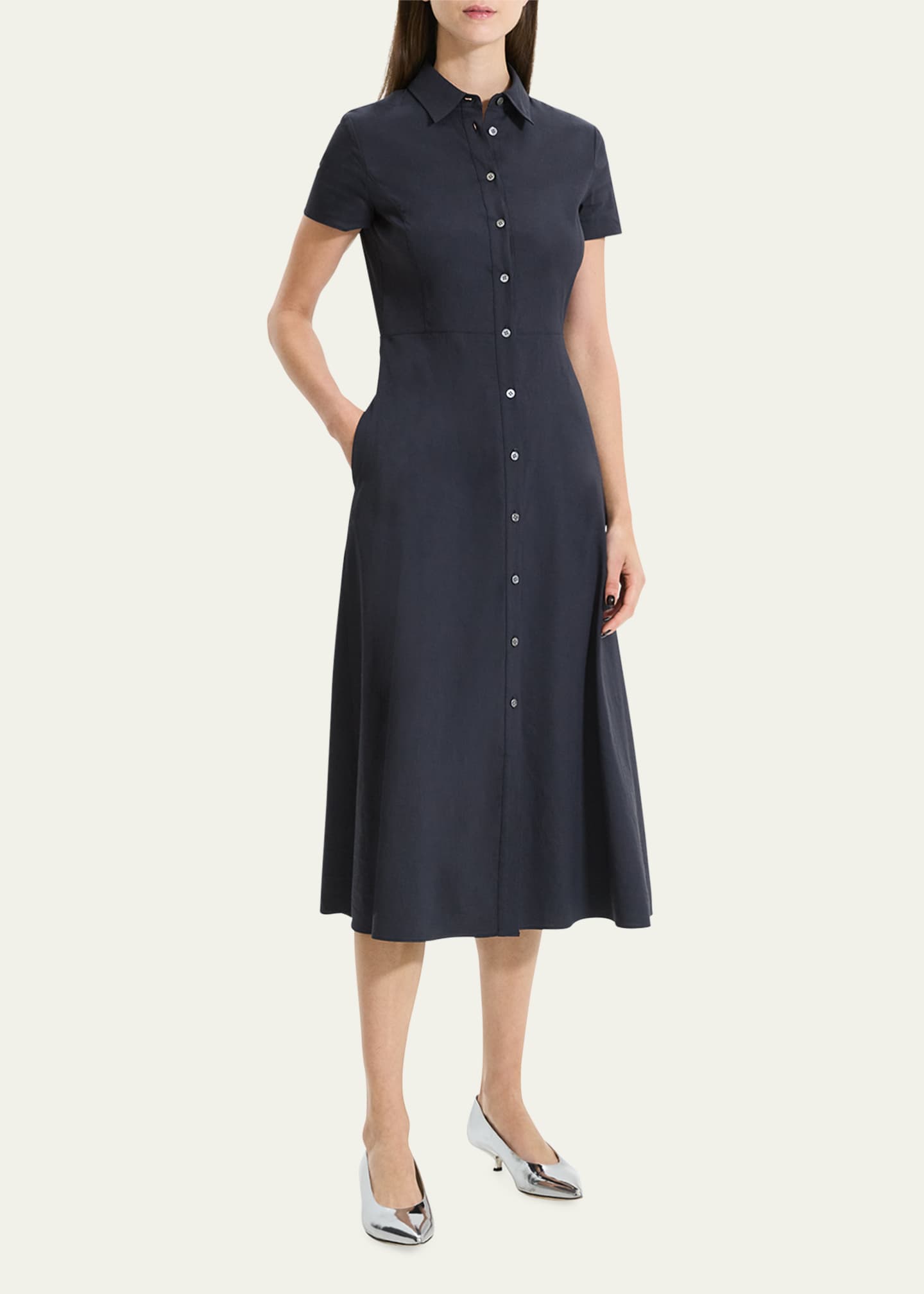 Theory Good Linen Short-Sleeve Button-Front Midi Shirt Dress Image 2 of 5