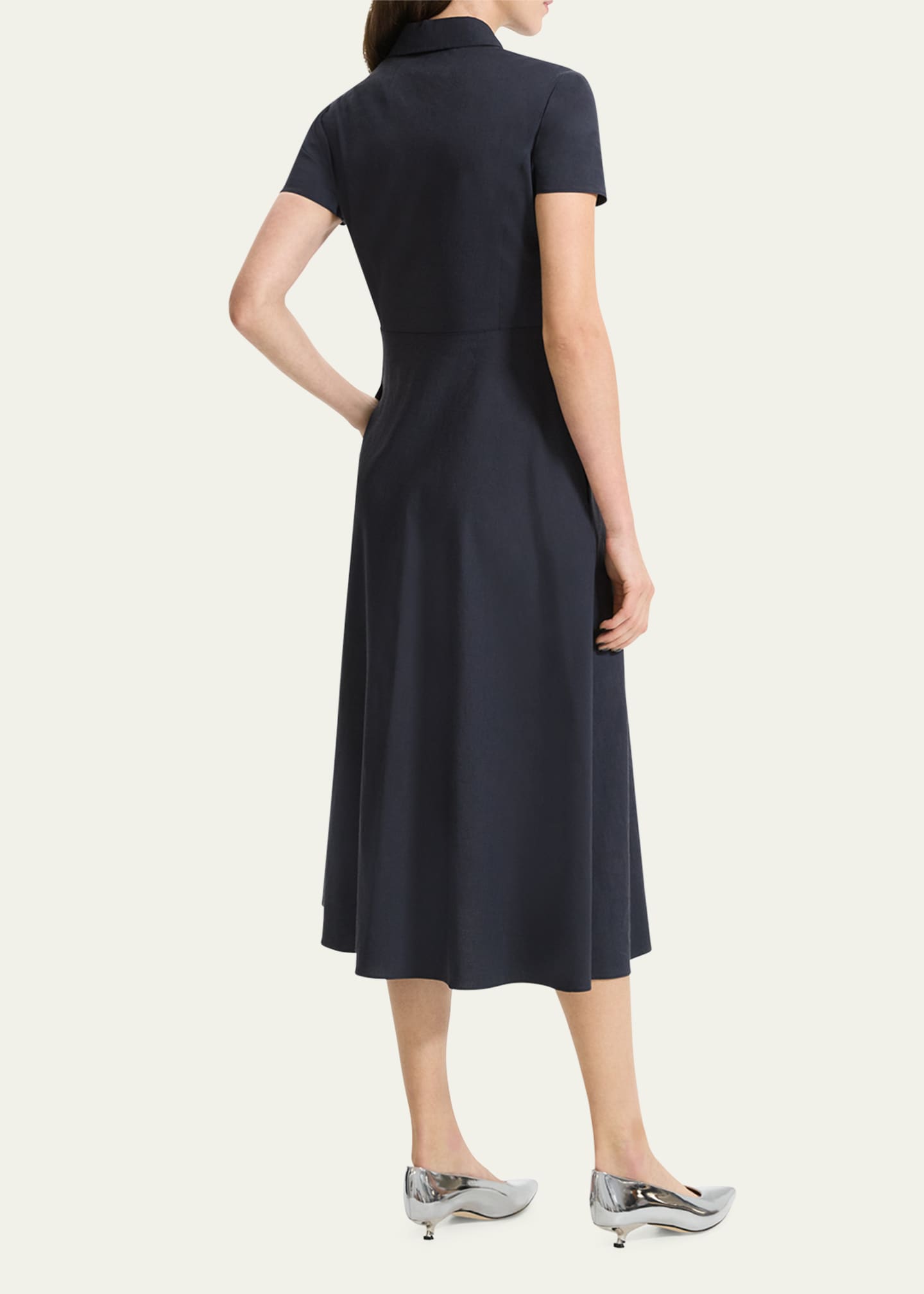 Theory Good Linen Short-Sleeve Button-Front Midi Shirt Dress Image 3 of 5
