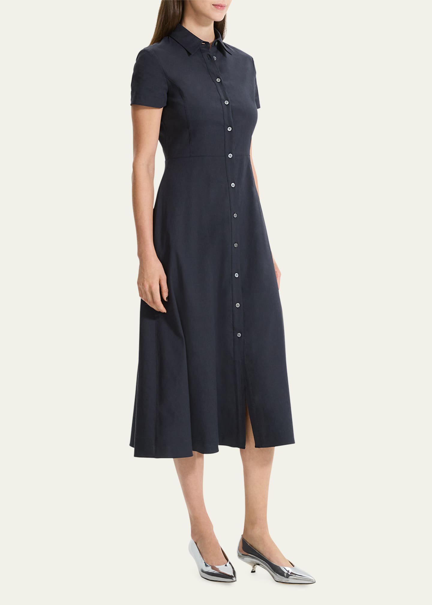 Theory Good Linen Short-Sleeve Button-Front Midi Shirt Dress Image 4 of 5