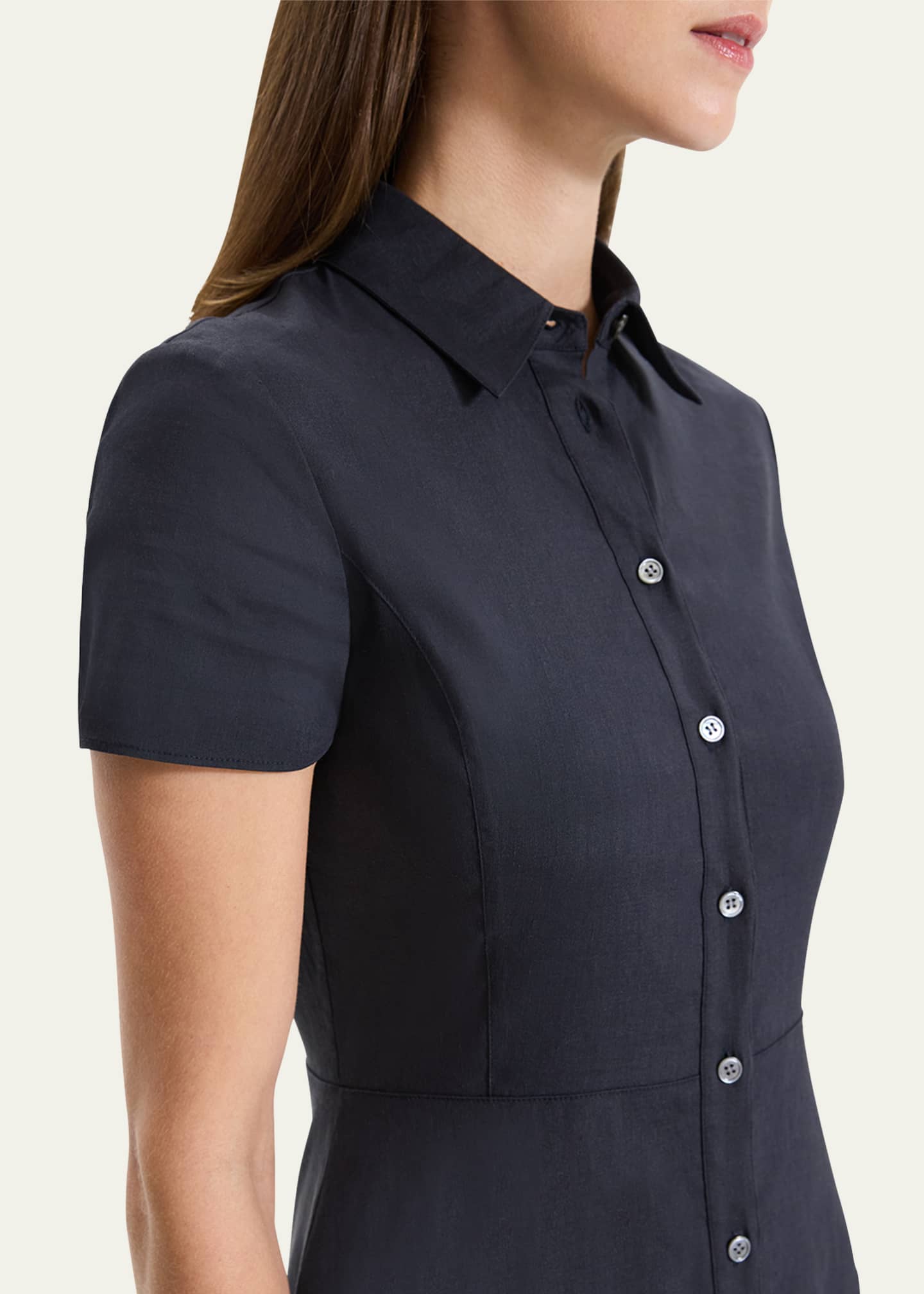 Theory Good Linen Short-Sleeve Button-Front Midi Shirt Dress Image 5 of 5