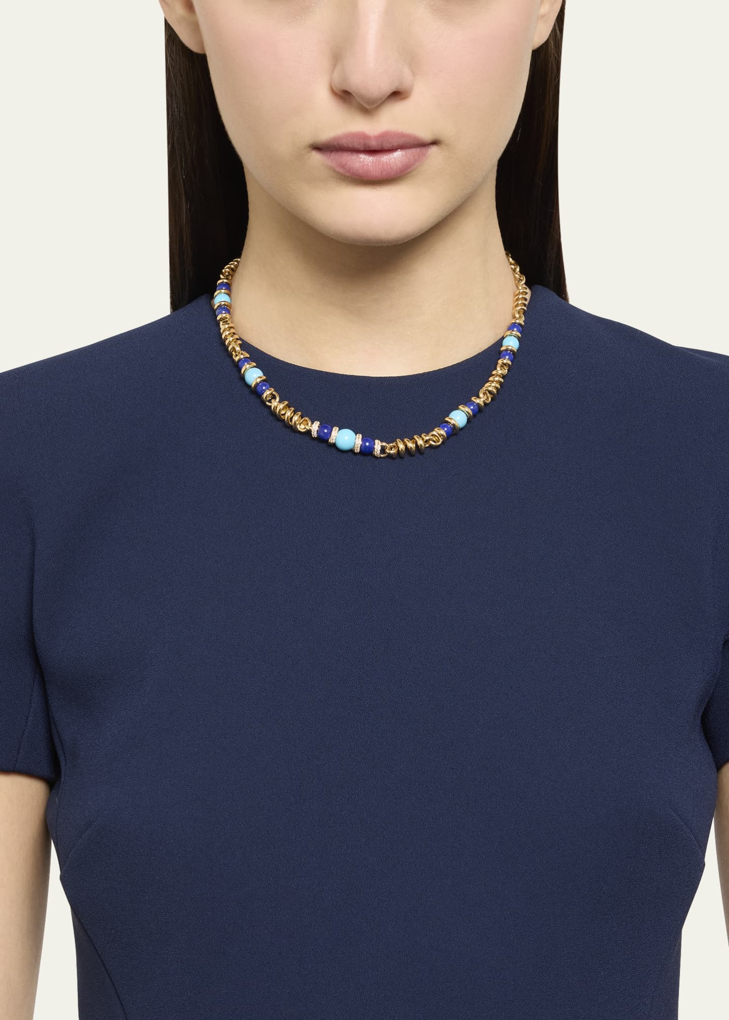 Boochier 18K Yellow Gold Turquoise and Lapis Single Diamond Slinkee Necklace Image 2 of 4