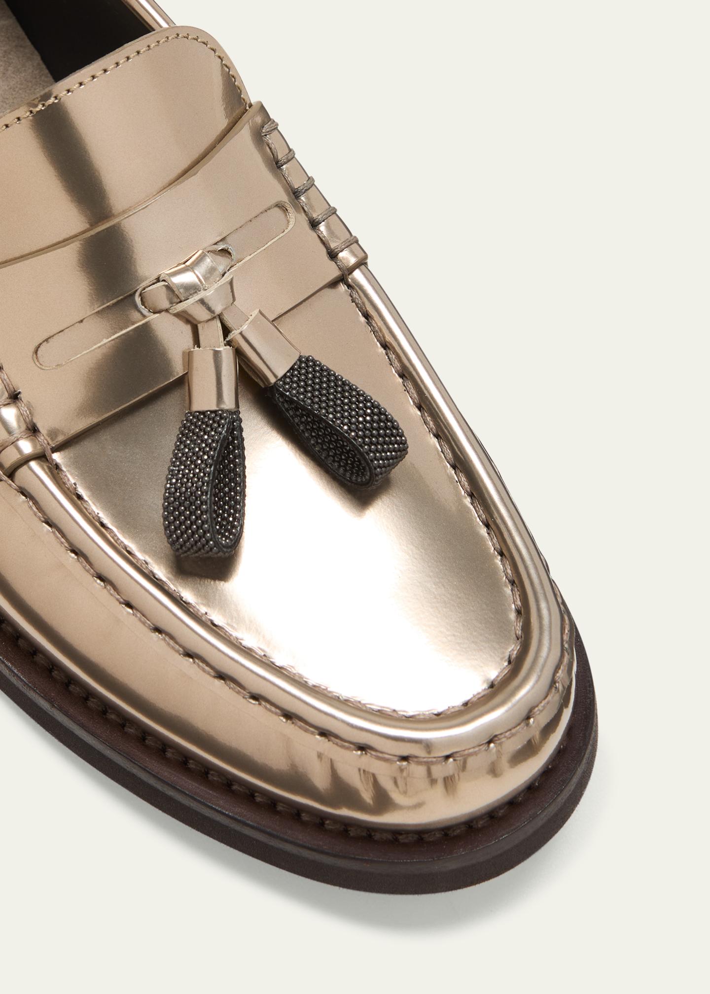 Mocassins Brunello Cucinelli En Daim Agneau Métallisé Argent - Taille 38 (US 8) - Neuf En Boîte