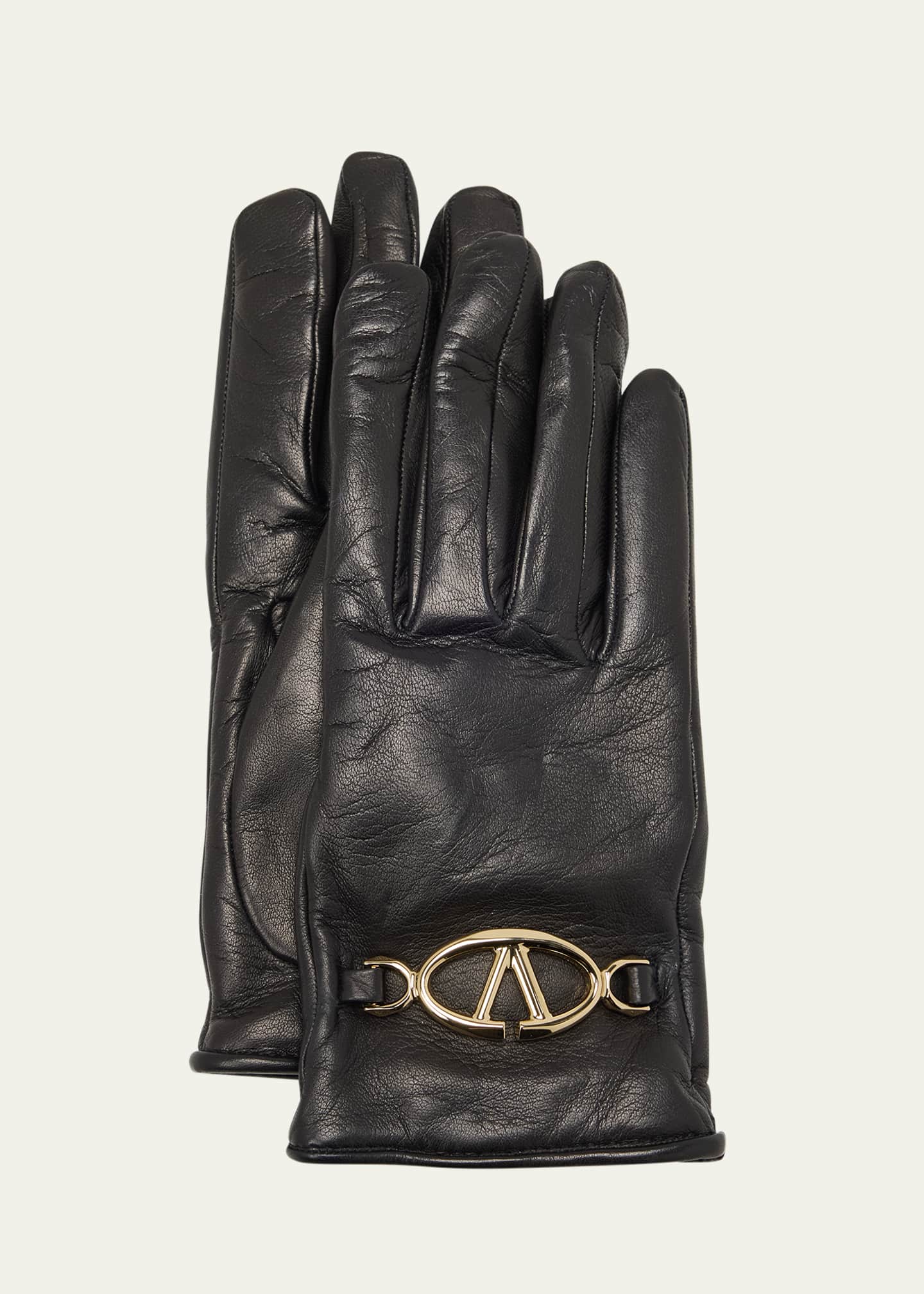 Valentino Garavani Bold V-Logo Leather & Cashmere Gloves