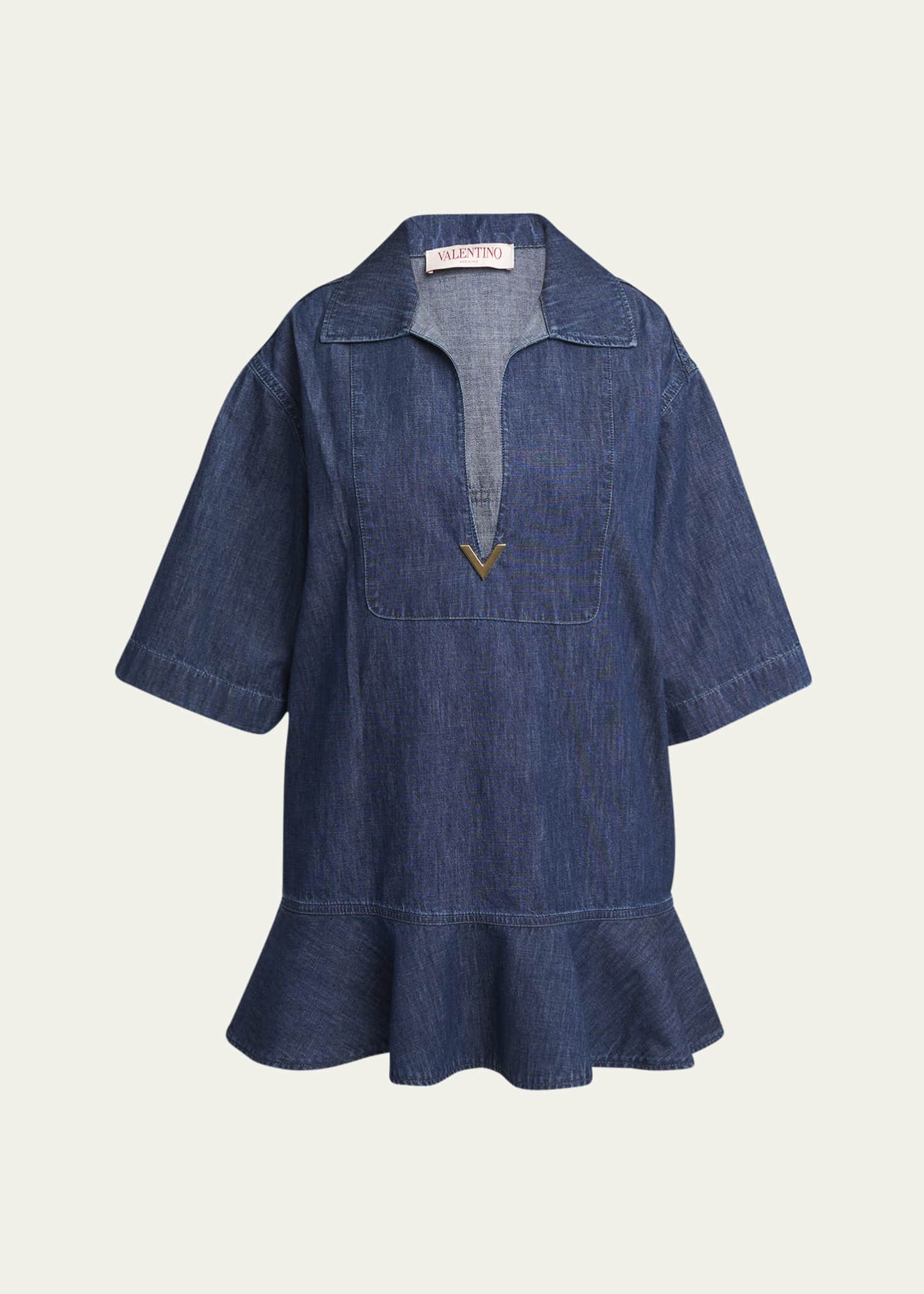 Valentino Garavani Denim Flared Hem Mini Dress with Logo Detail