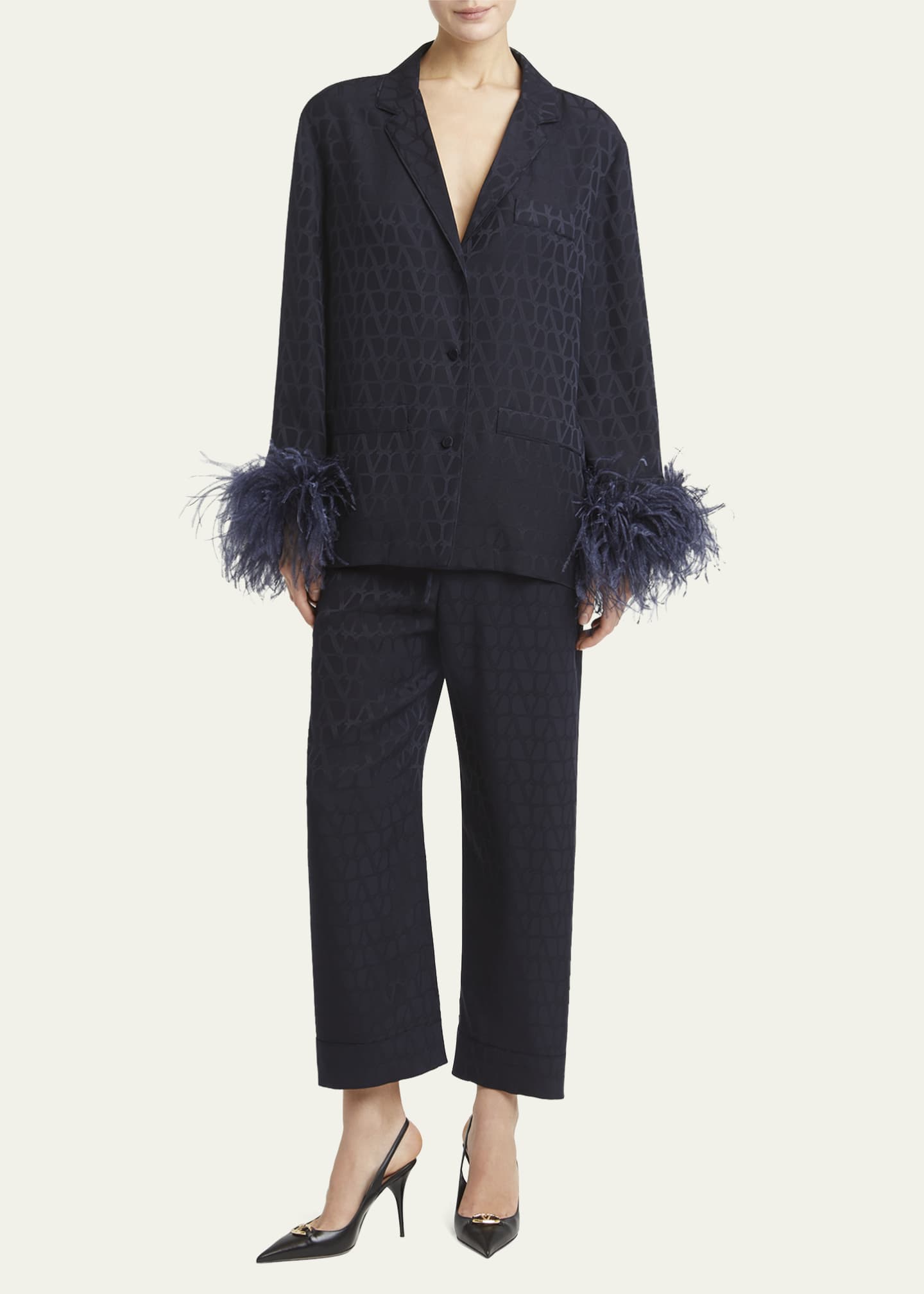 Valentino Garavani Feather Cuff Iconograph Silk Pajama Top Image 2 of 5