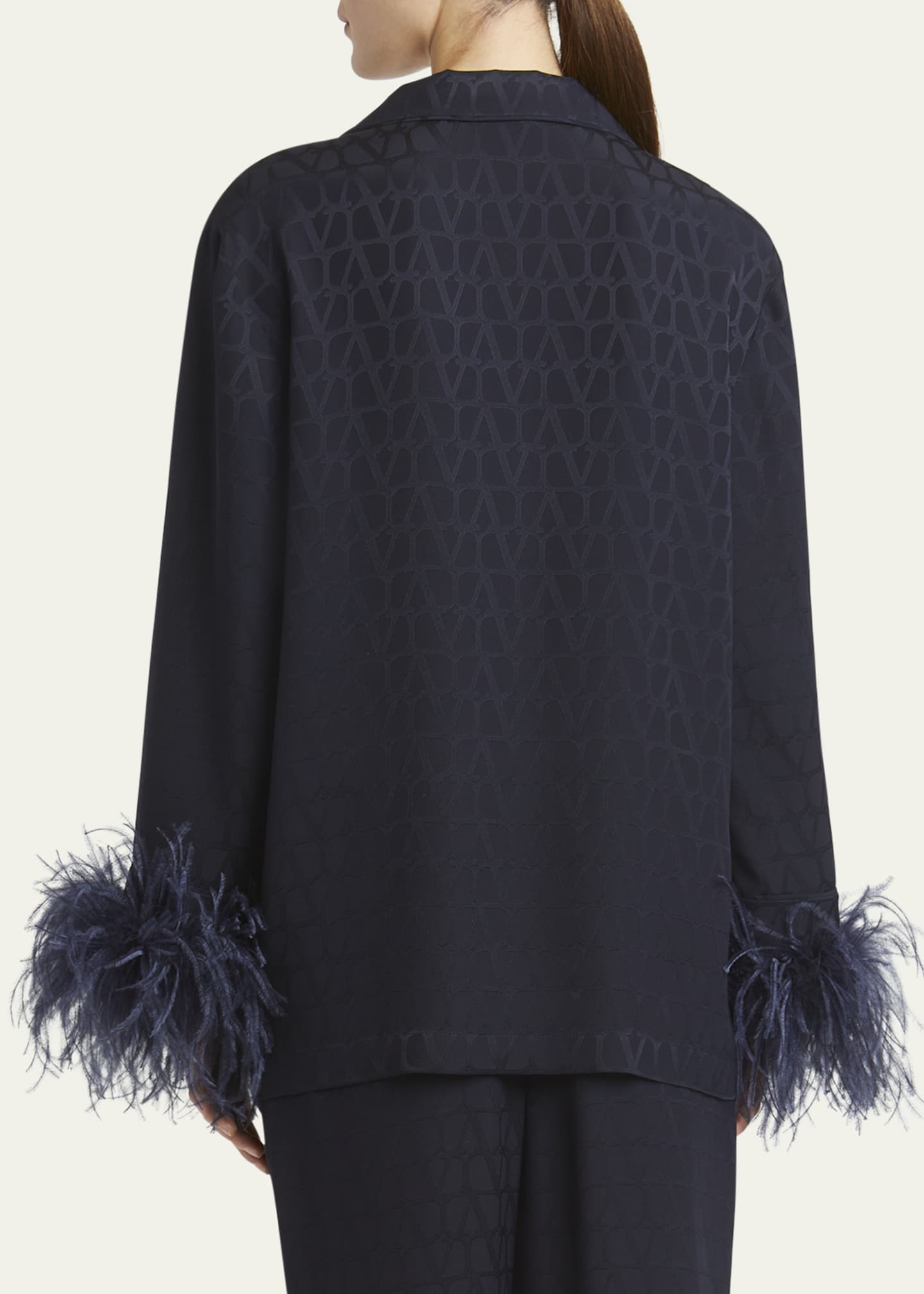 Valentino Garavani Feather Cuff Iconograph Silk Pajama Top Image 3 of 5