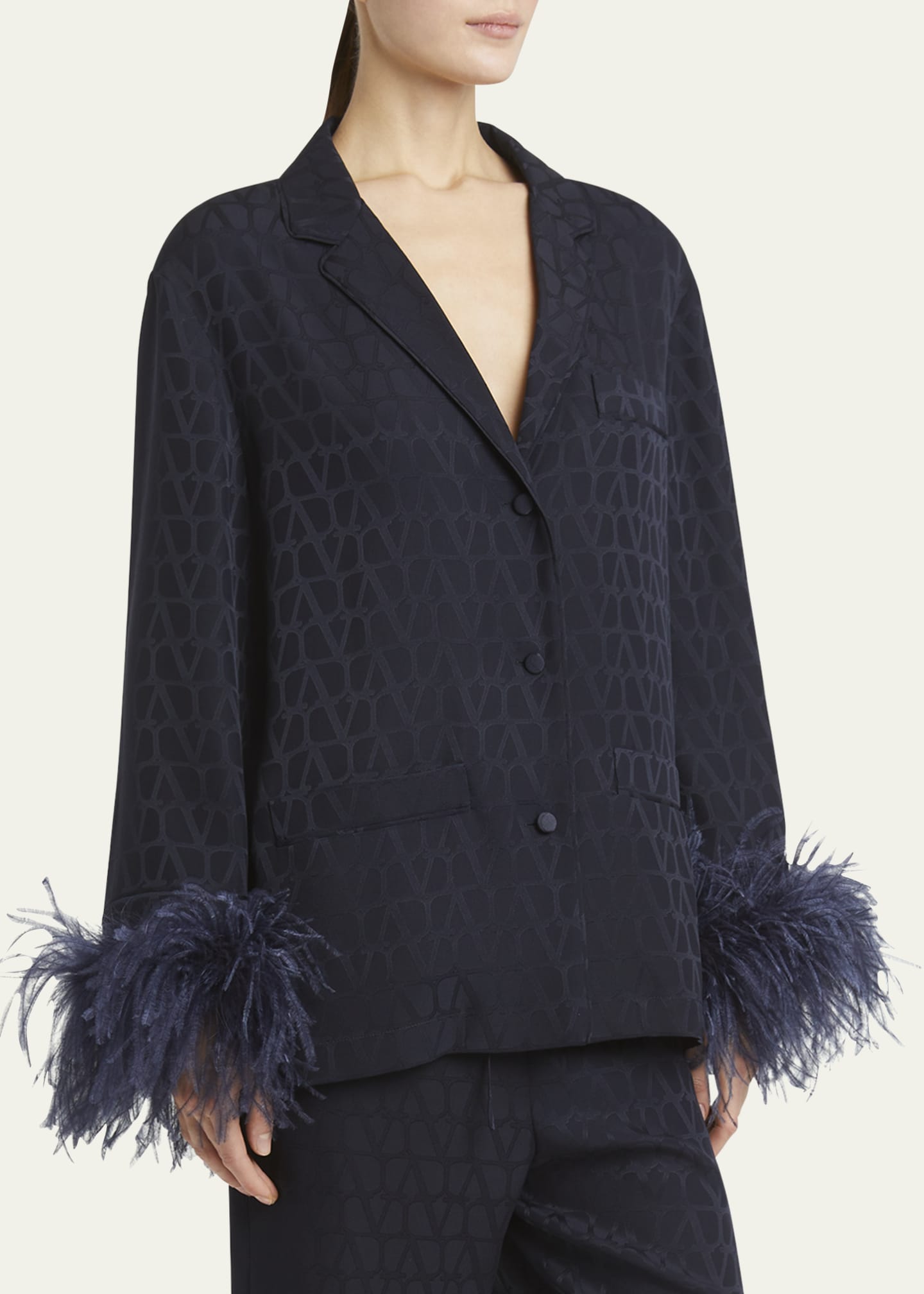 Valentino Garavani Feather Cuff Iconograph Silk Pajama Top Image 4 of 5