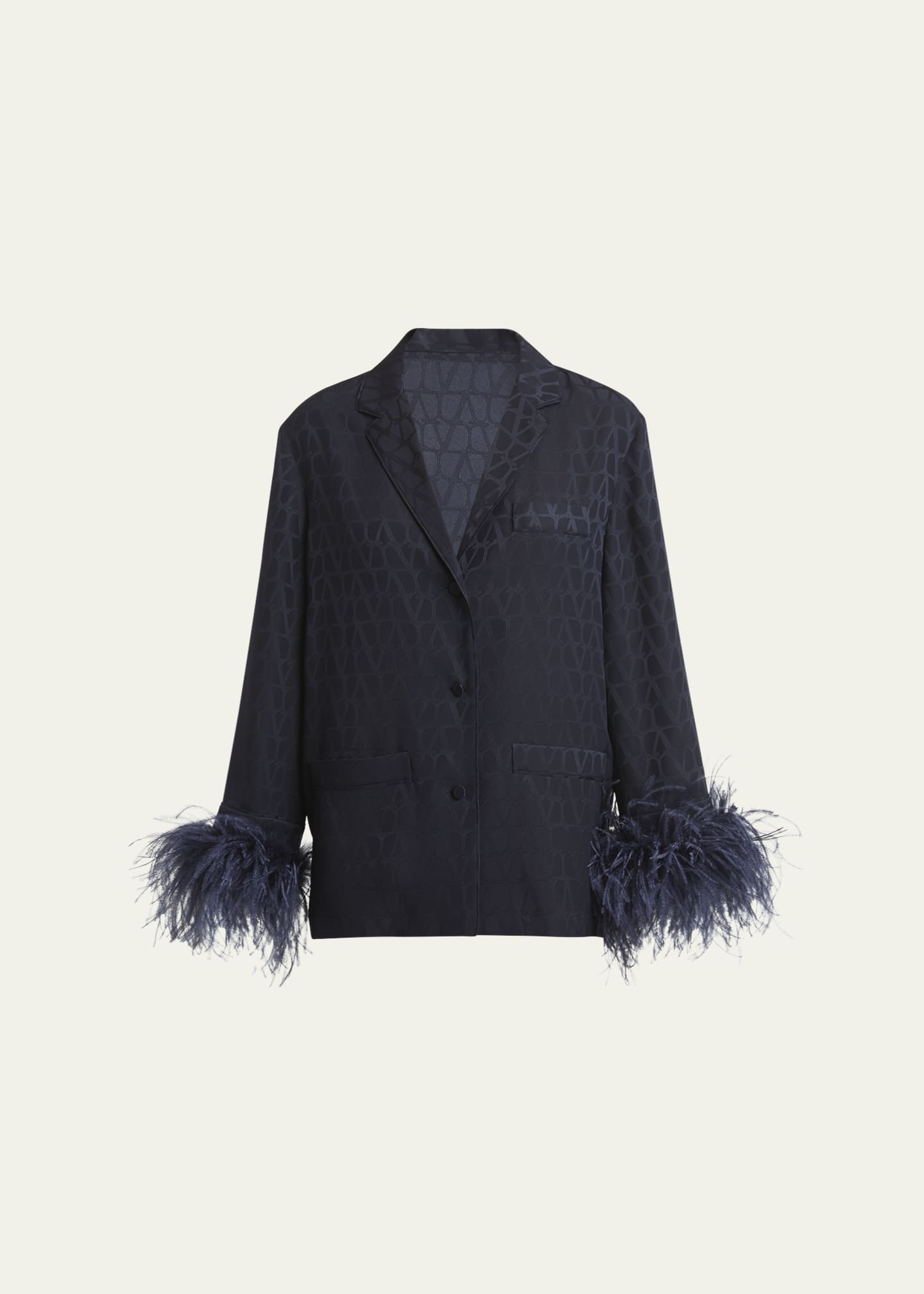Valentino Garavani Feather Cuff Iconograph Silk Pajama Top Image 1 of 5