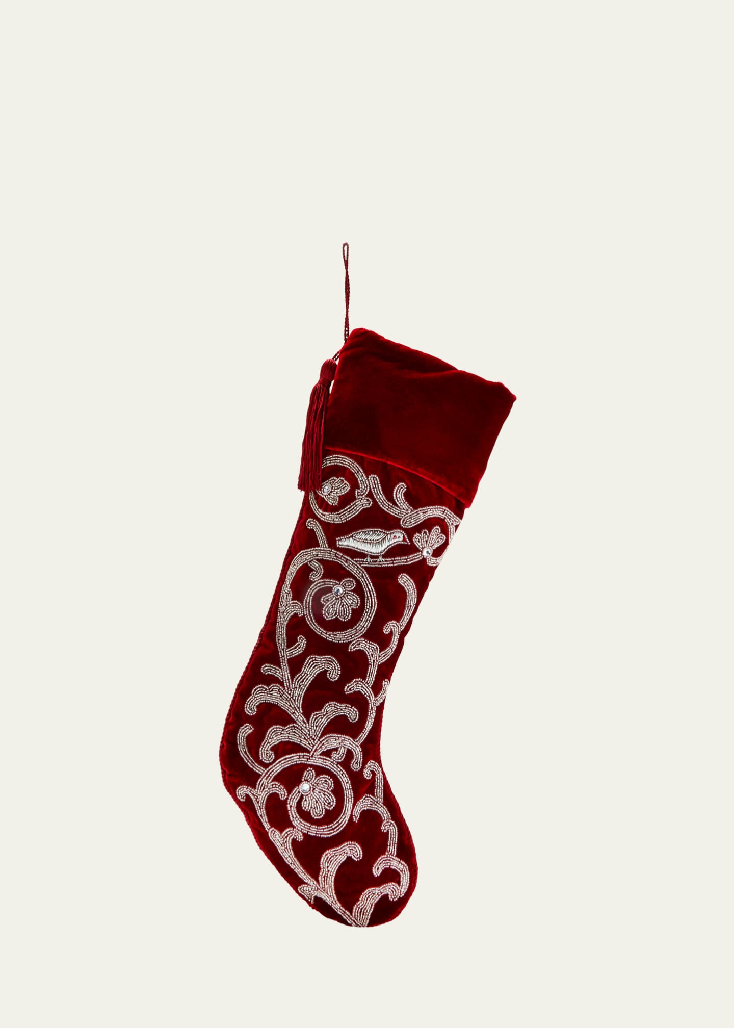 Sudha Pennathur Red Ash Velvet Christmas Stocking with Silver Beading Bergdorf Goodman