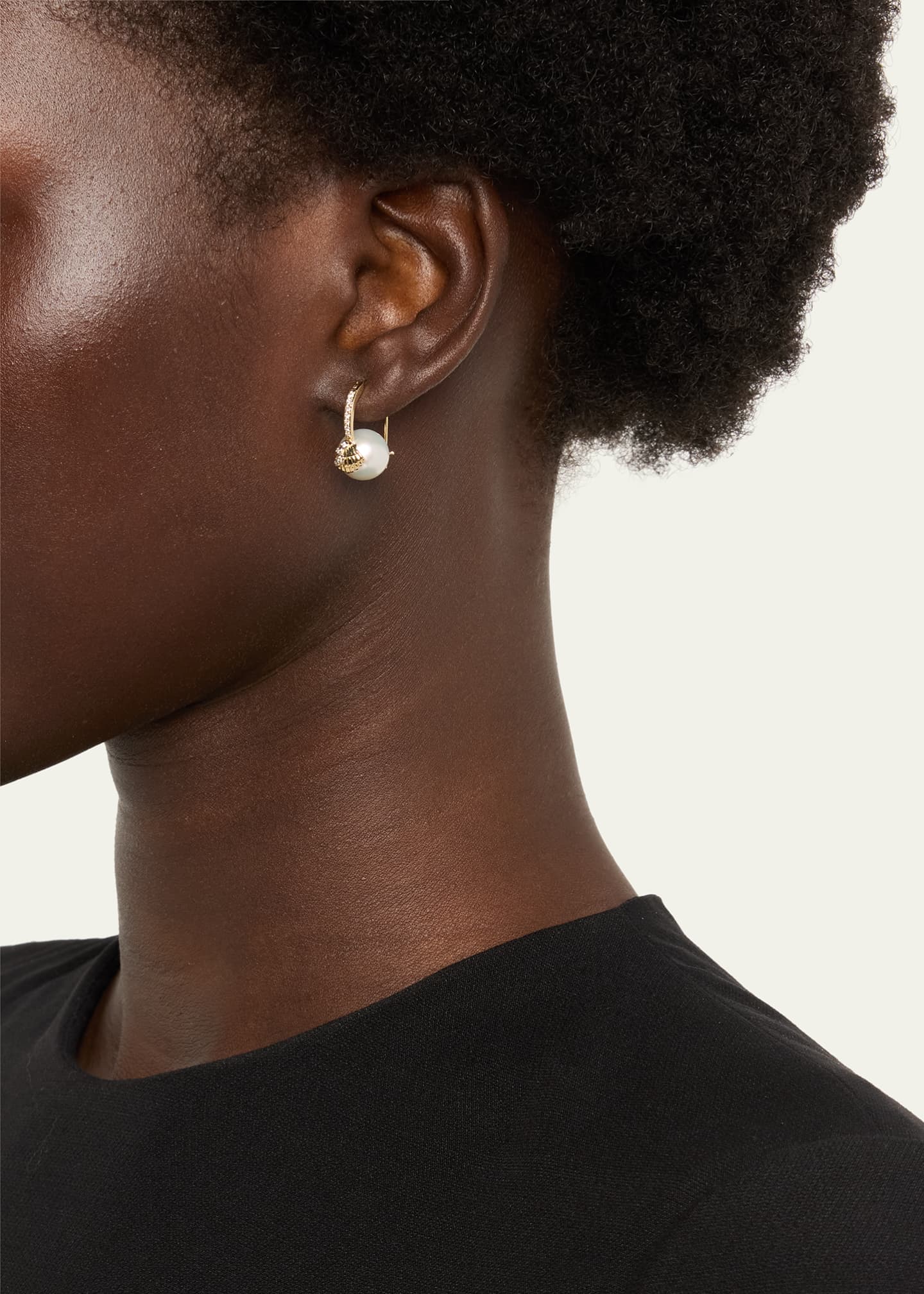 Sydney Evan 14K Gold Clamshell and 10mm Freshwater Pearl Diamond Earrings Image 2 of 4
