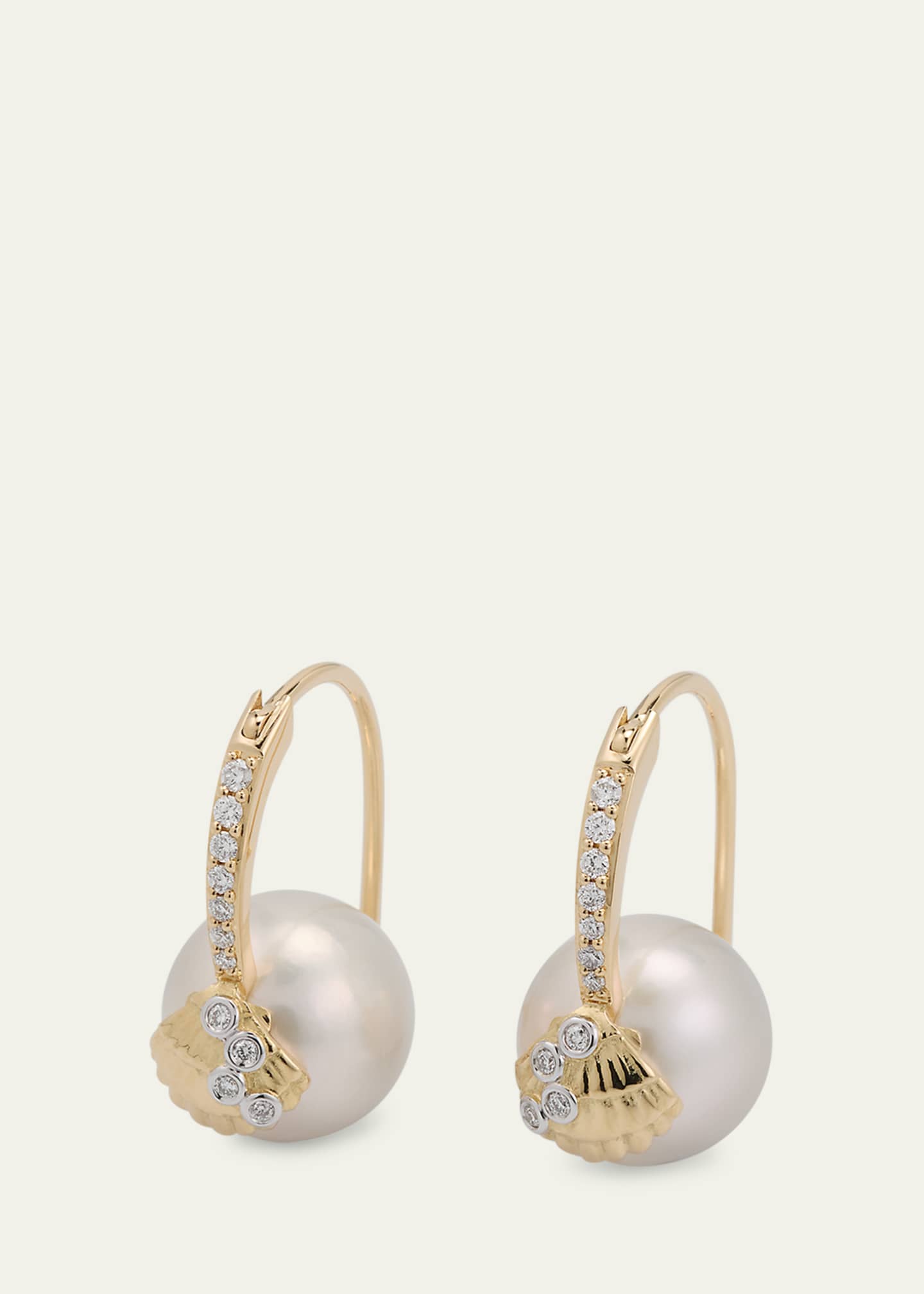 Sydney Evan 14K Gold Clamshell and 10mm Freshwater Pearl Diamond Earrings Image 3 of 4