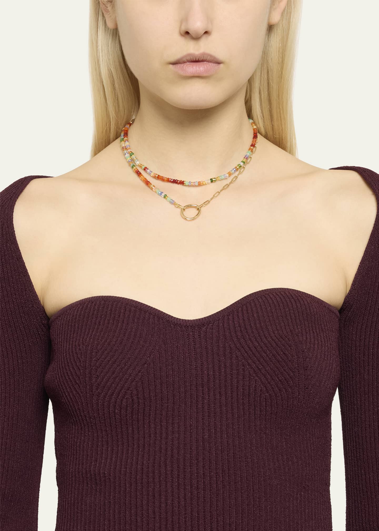 Mellerio 18K Yellow Gold Lien Pierres Long Small Link Necklace with Opal, Tourmaline, Tanzanite and Gemstones, 30"L Image 2 of 5