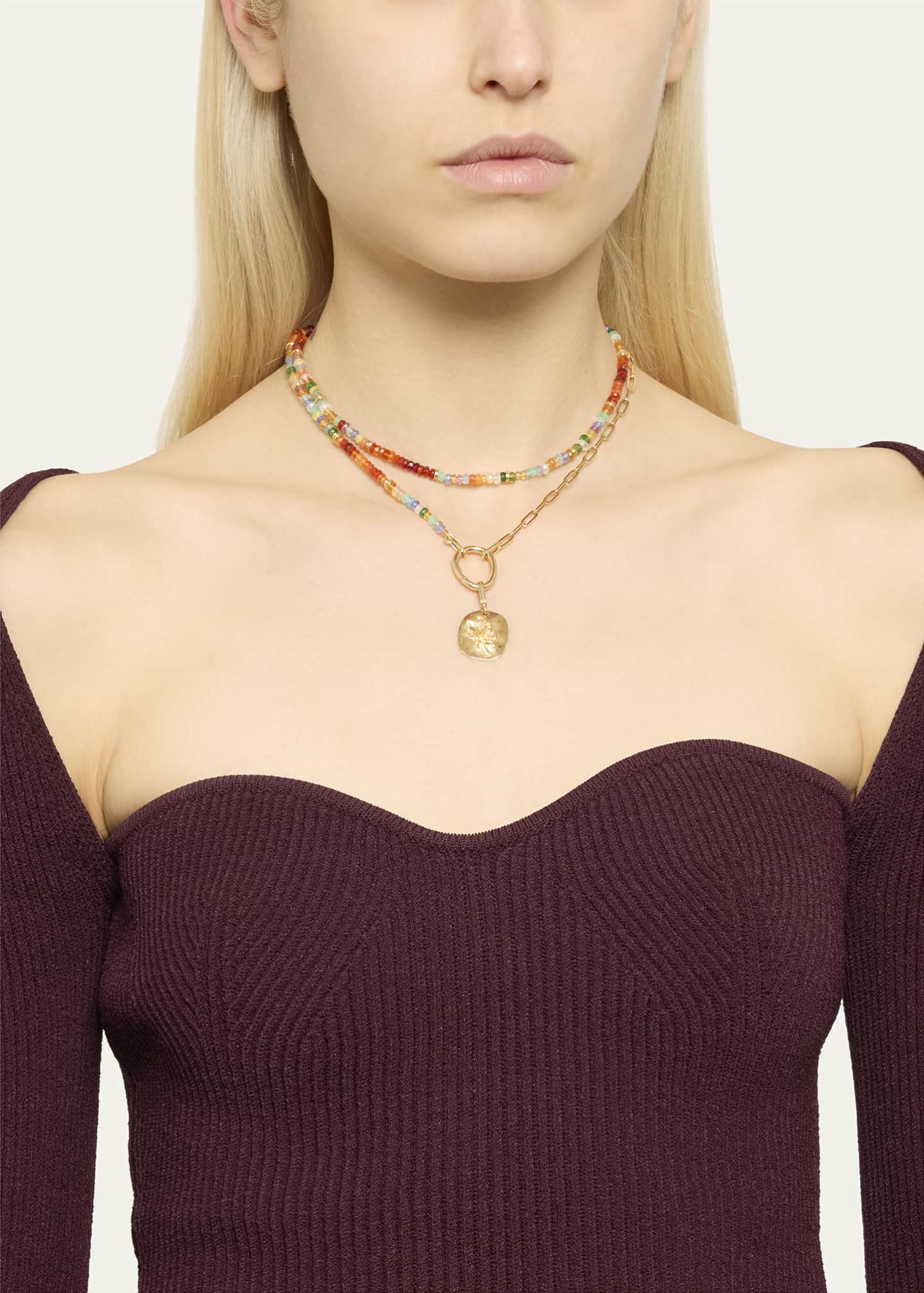 Mellerio 18K Yellow Gold Lien Pierres Long Small Link Necklace with Opal, Tourmaline, Tanzanite and Gemstones, 30"L Image 5 of 5