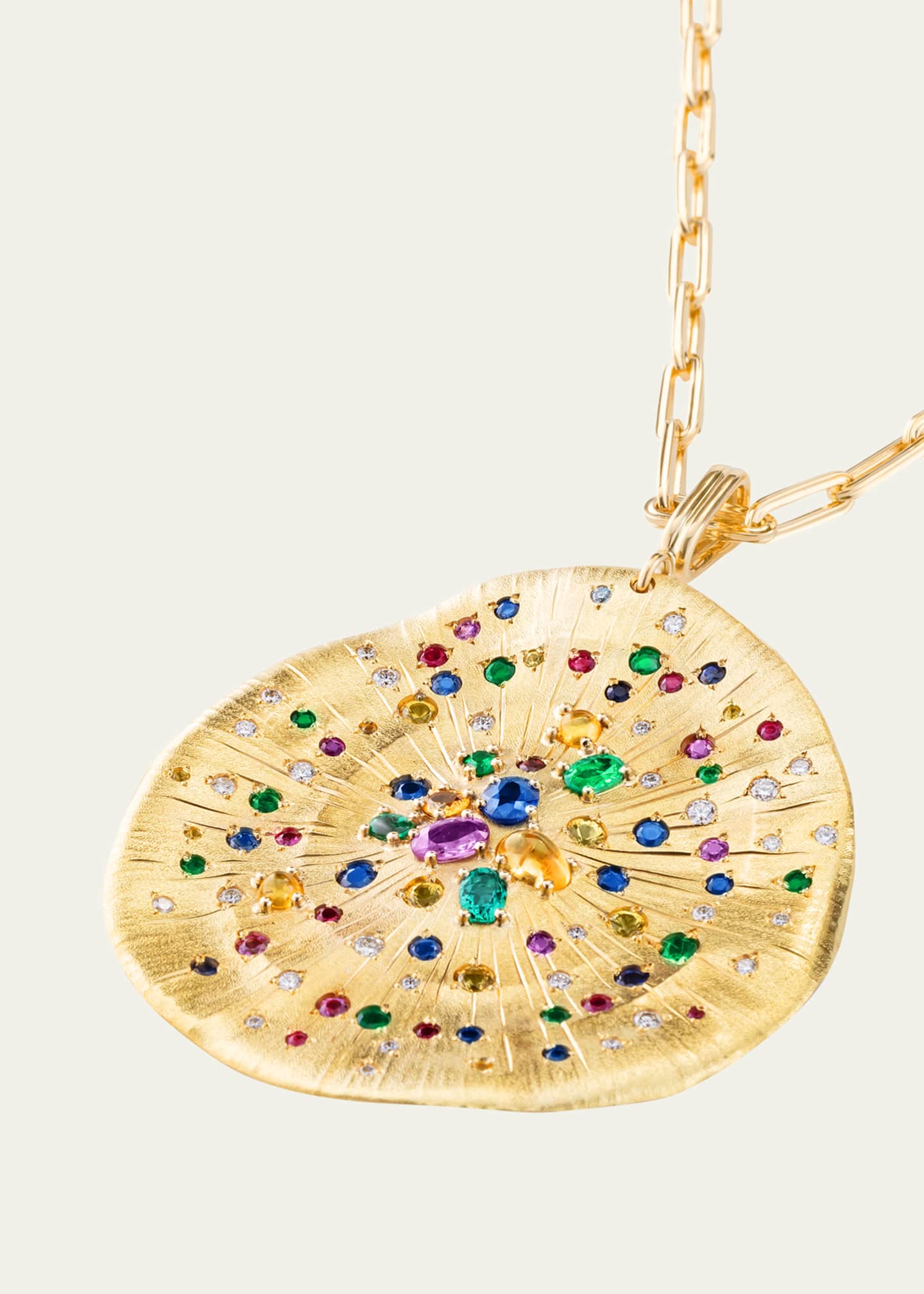 Mellerio 18K Yellow Gold Soleil Medal Necklace with Multicolor Sapphires, Emeralds, Rubies and Diamonds Image 2 of 2