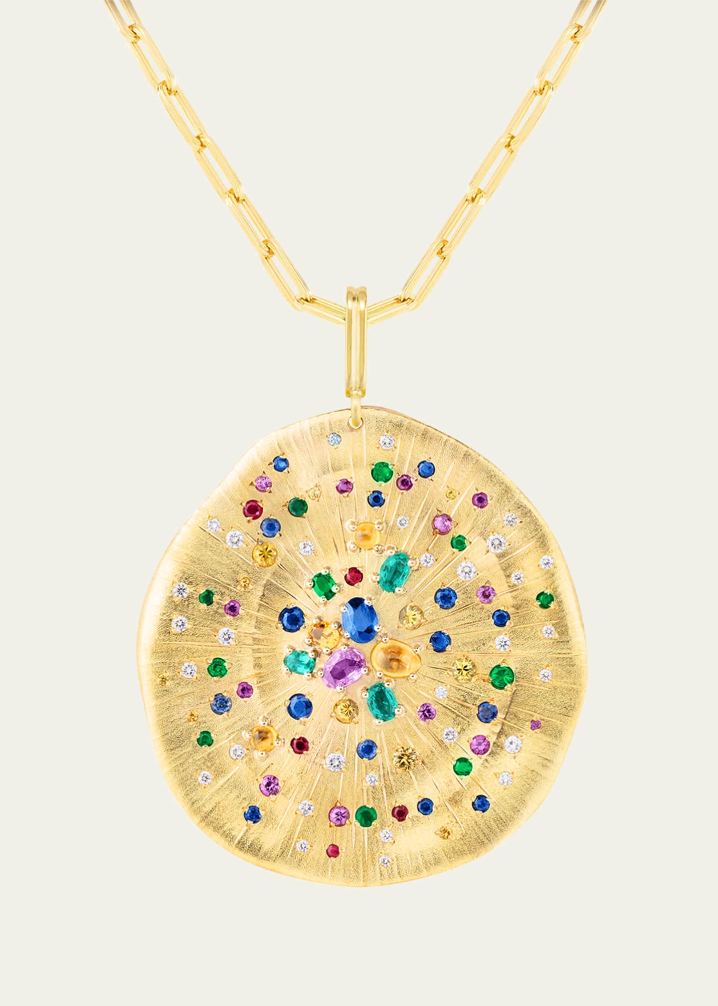 Mellerio 18K Yellow Gold Soleil Medal Necklace with Multicolor Sapphires, Emeralds, Rubies and Diamonds Image 1 of 2