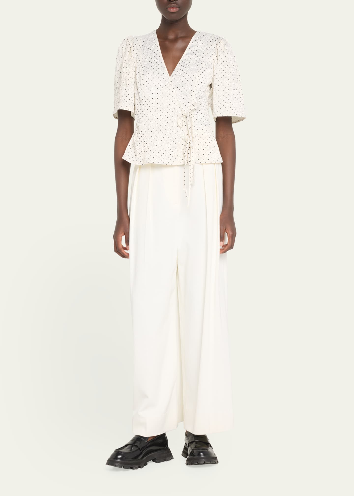 Ganni Crinkled Satin Short-Sleeve Wrap Blouse Image 2 of 5