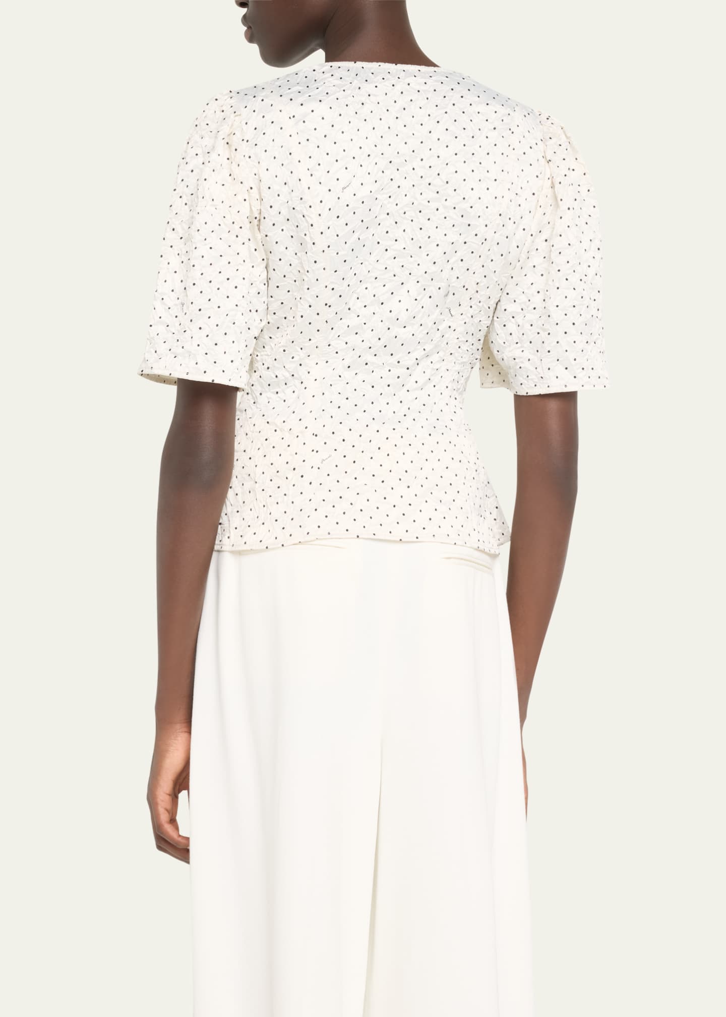 Ganni Crinkled Satin Short-Sleeve Wrap Blouse Image 3 of 5