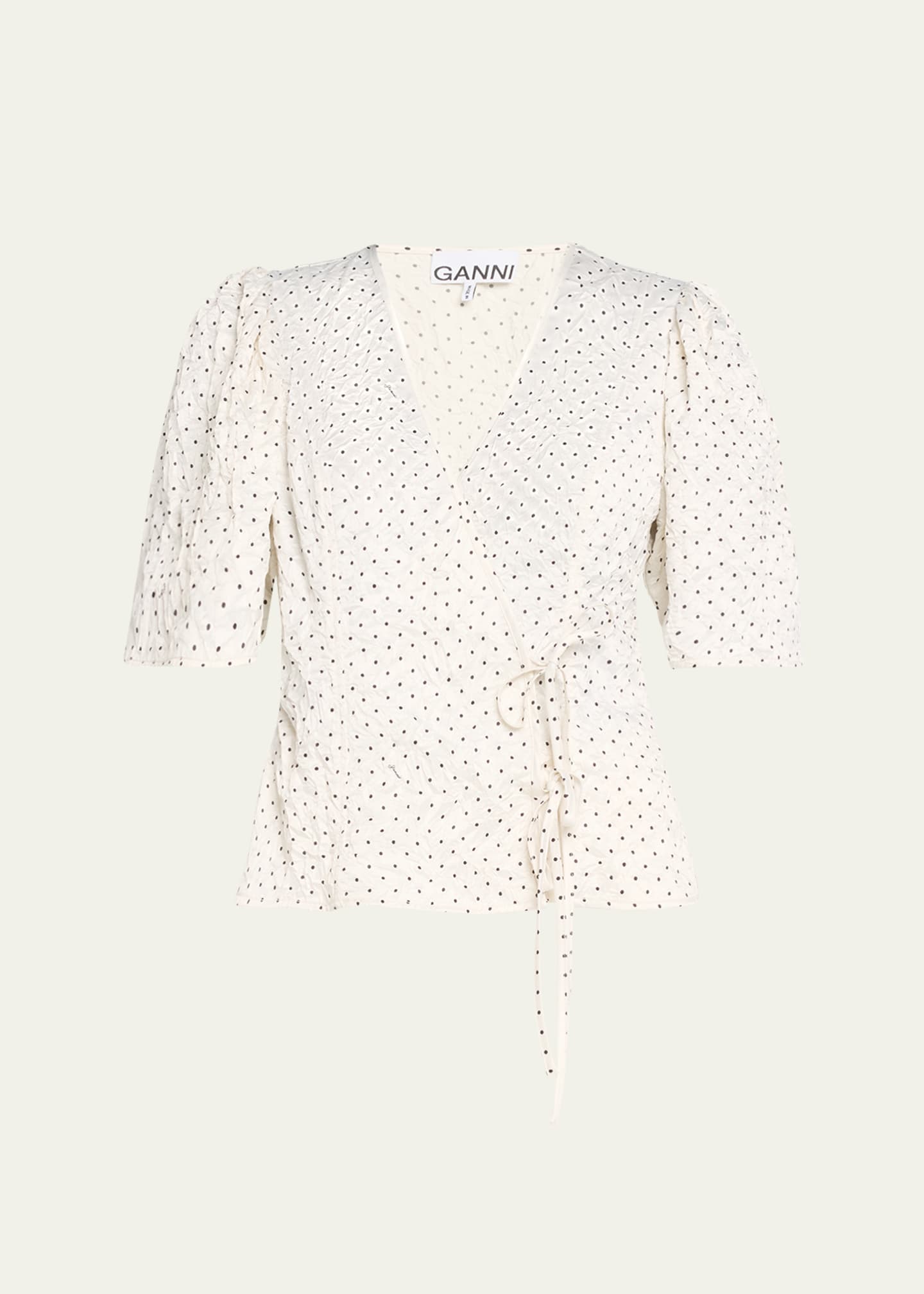 Ganni Crinkled Satin Short-Sleeve Wrap Blouse Image 1 of 5