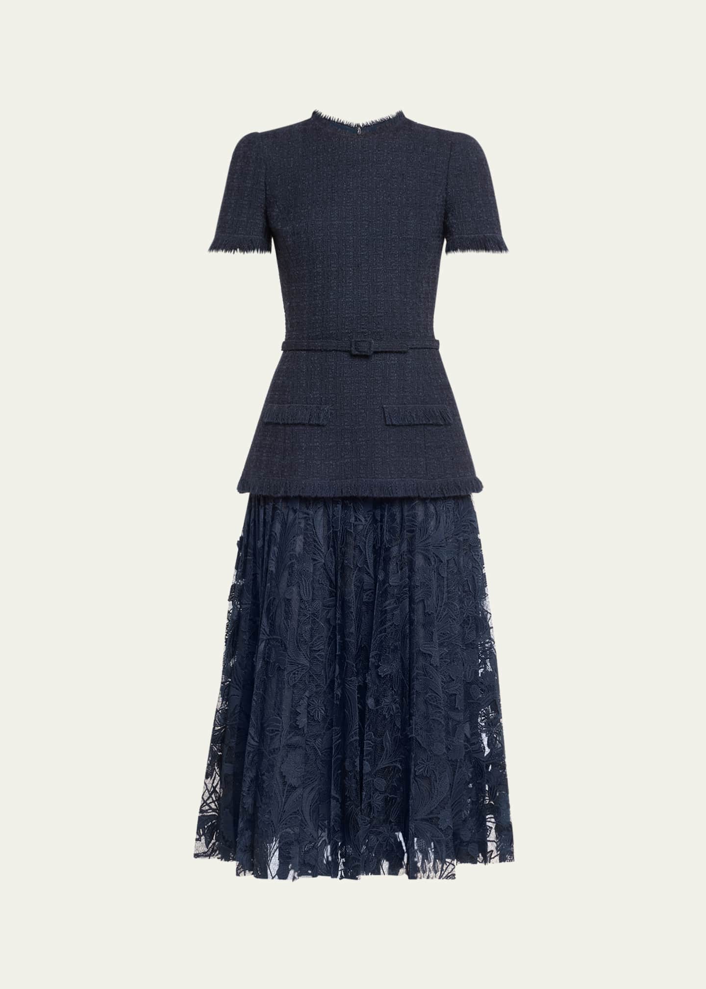 Oscar de la Renta Short Sleeve Tweed And Guipure Skirt Midi Dress With Self Belt Bergdorf Goodman