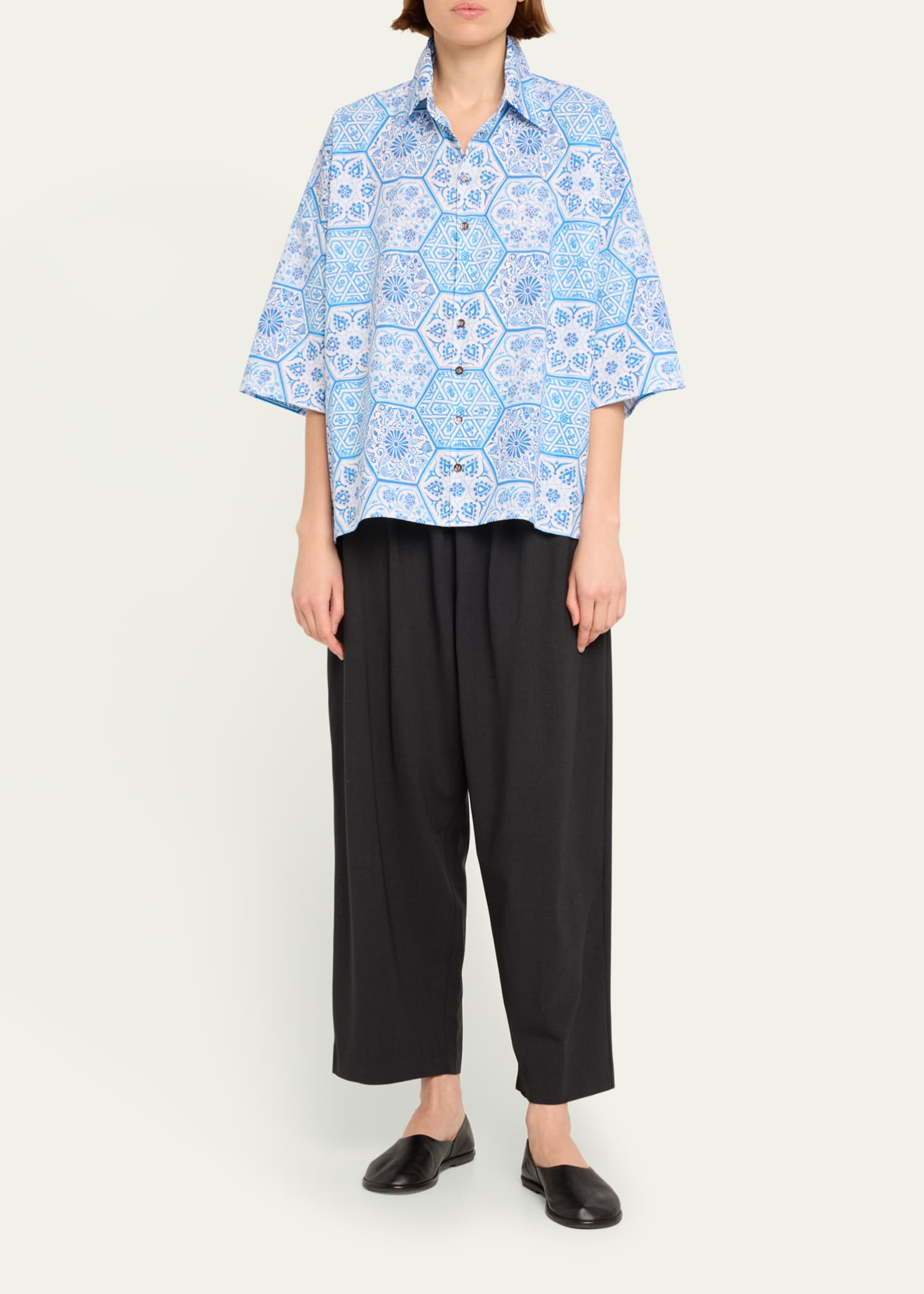Eskandar Sloped Shoulder Wide A-Line Printed Shirt Image 2 of 5
