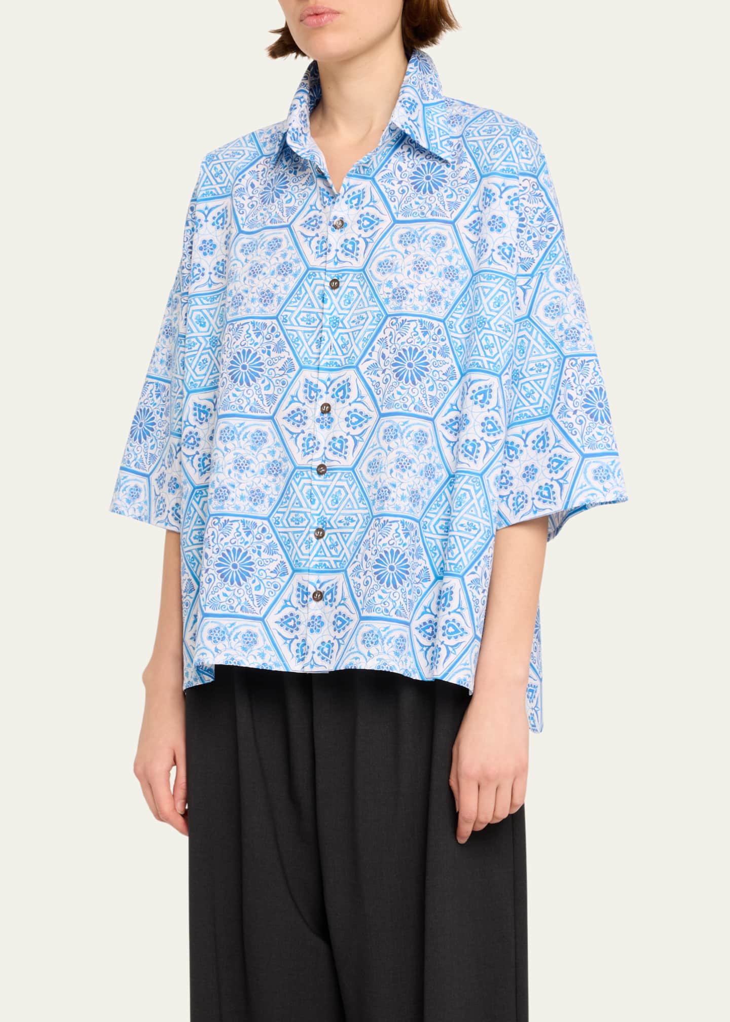 Eskandar Sloped Shoulder Wide A-Line Printed Shirt Image 4 of 5
