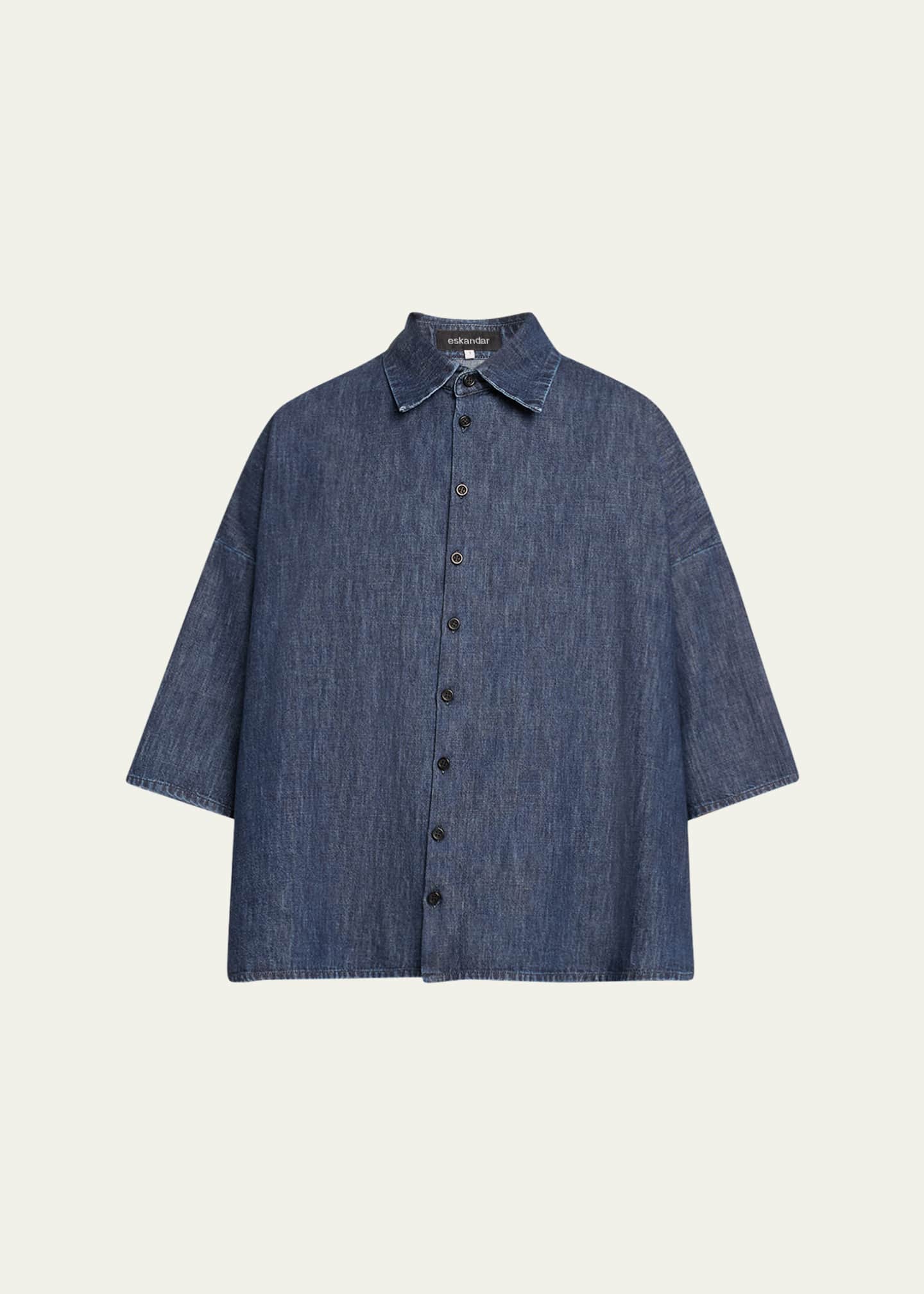 Eskandar Sloped Shoulder Wide A-Line Denim Shirt - Bergdorf Goodman