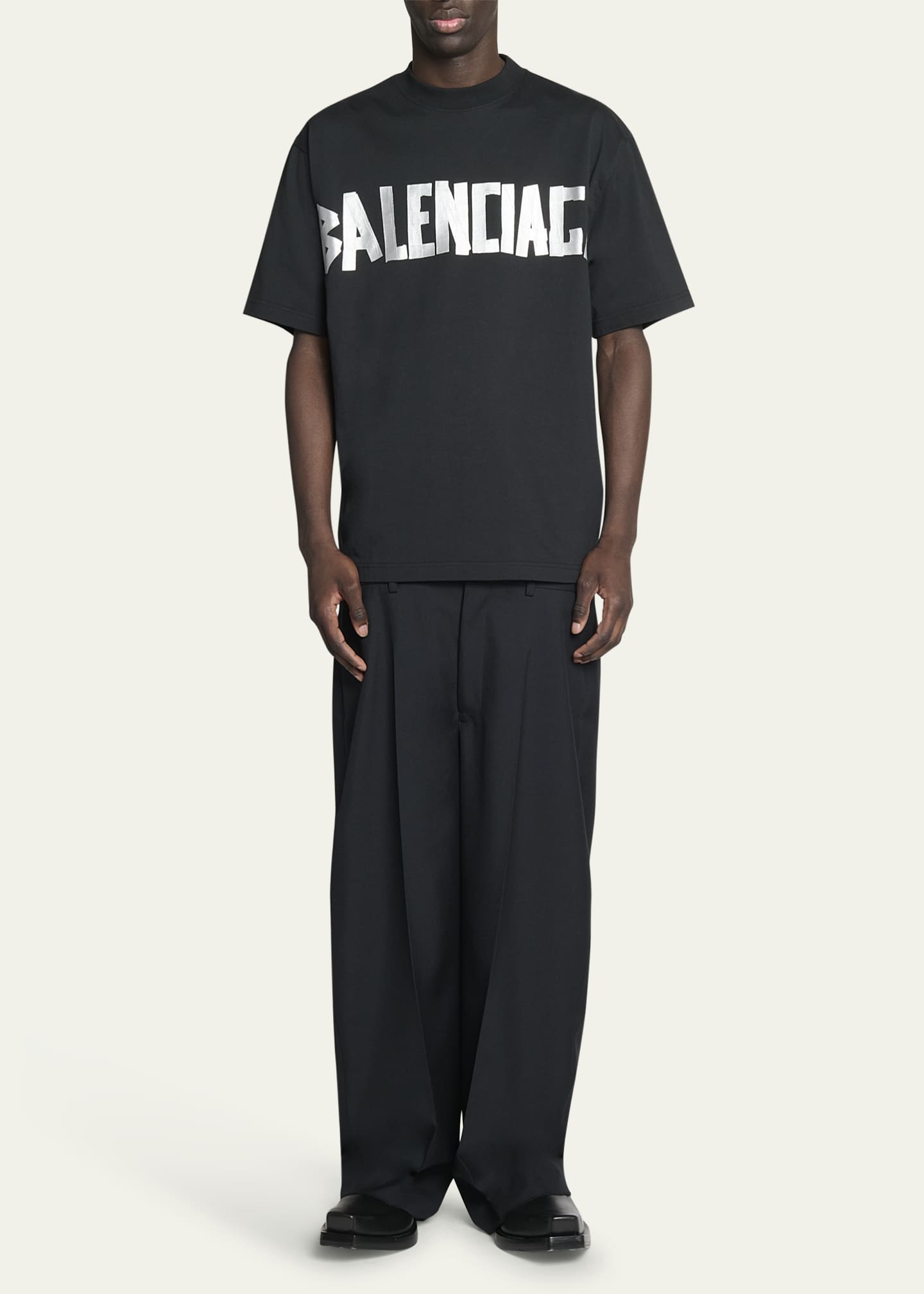 Balenciaga Men's Taped-Logo Distressed T-Shirt Image 2 of 5