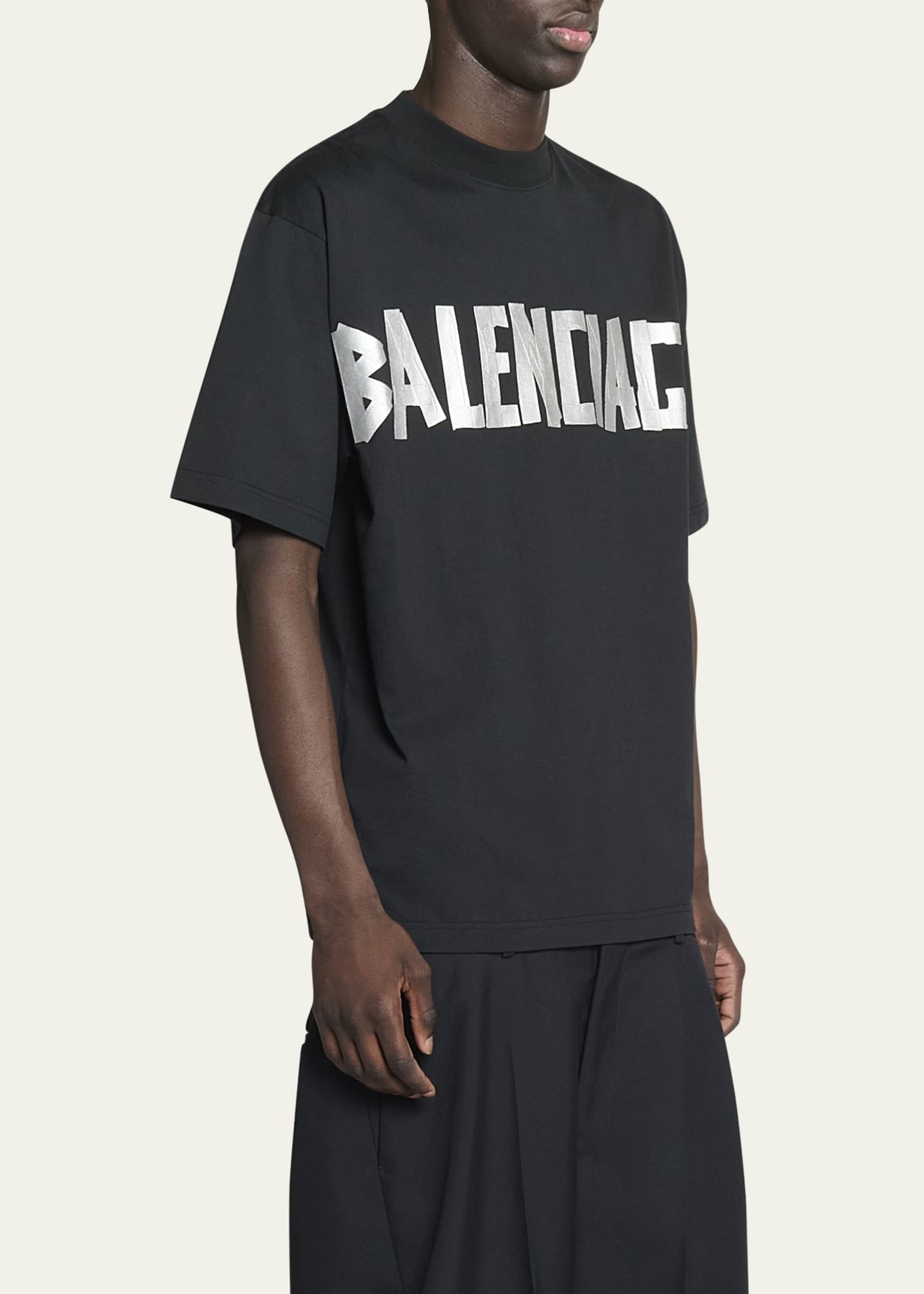 Balenciaga Men's Taped-Logo Distressed T-Shirt Image 4 of 5