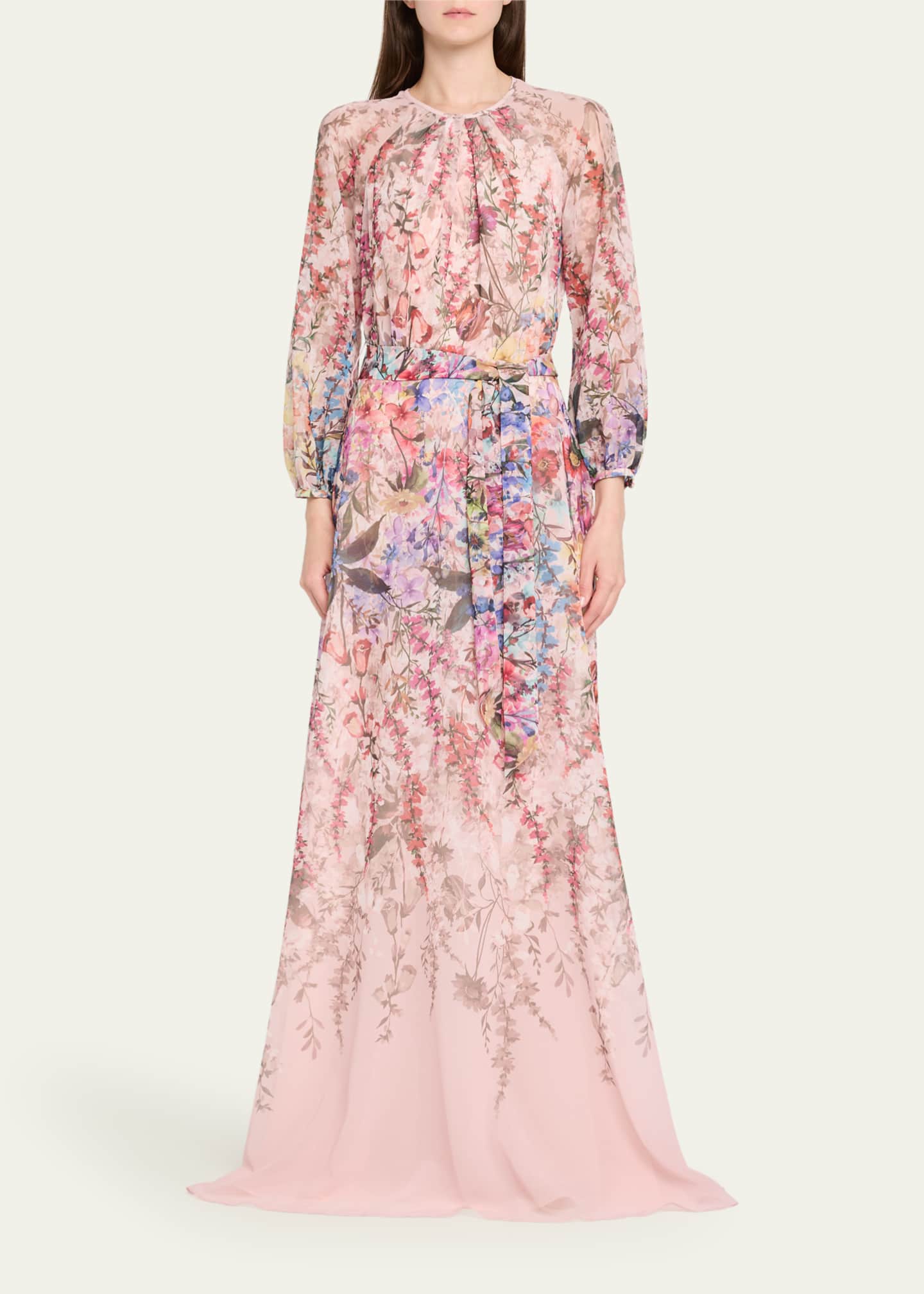 Rickie Freeman for Teri Jon Blouson-Sleeve Floral-Print Chiffon Gown Image 2 of 5