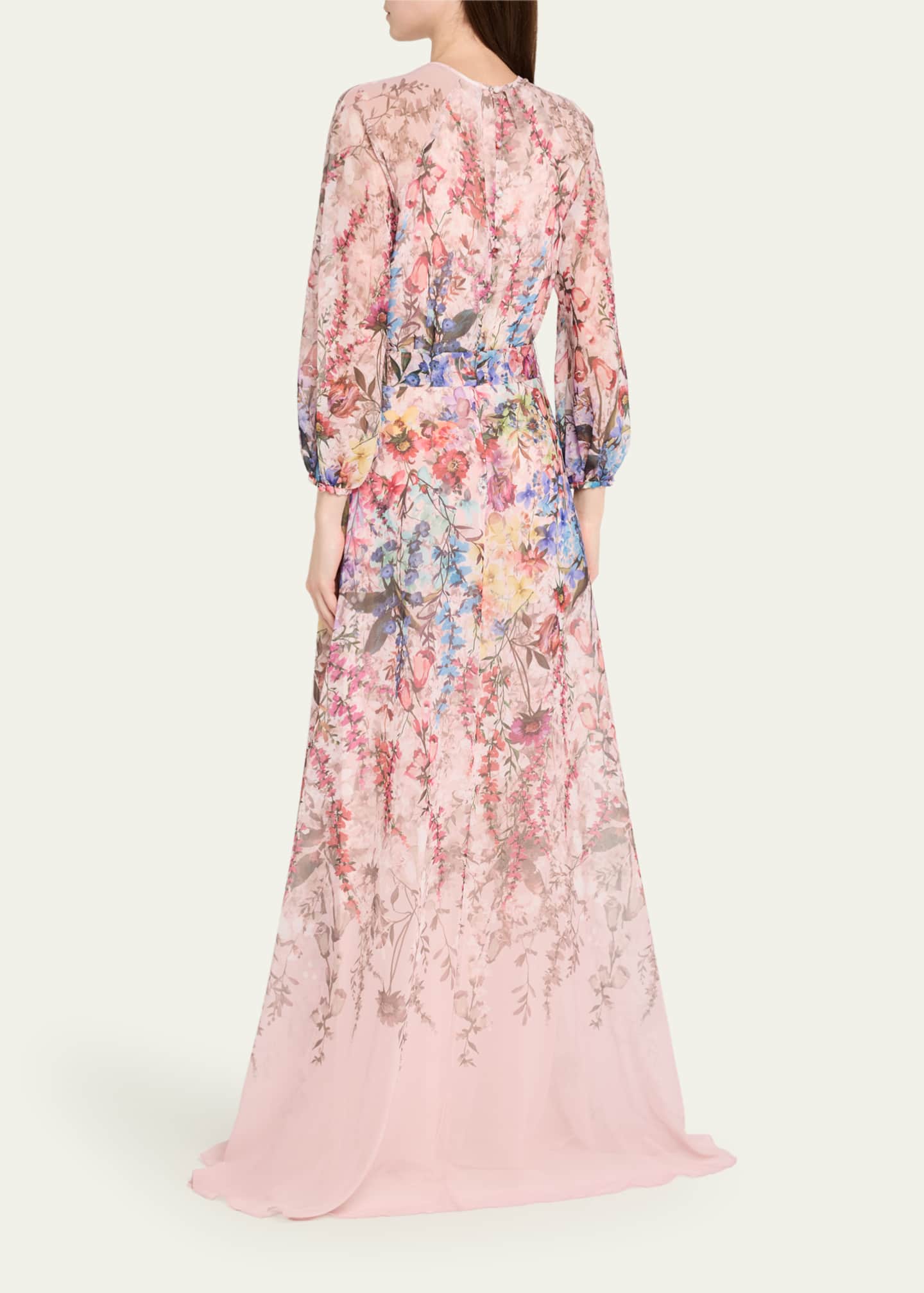 Rickie Freeman for Teri Jon Blouson-Sleeve Floral-Print Chiffon Gown Image 3 of 5