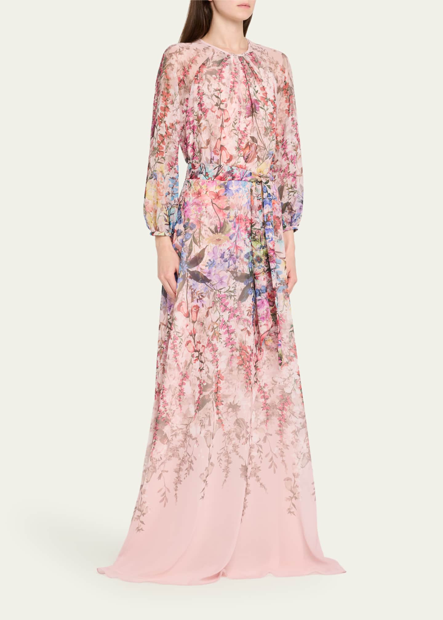 Rickie Freeman for Teri Jon Blouson-Sleeve Floral-Print Chiffon Gown Image 4 of 5