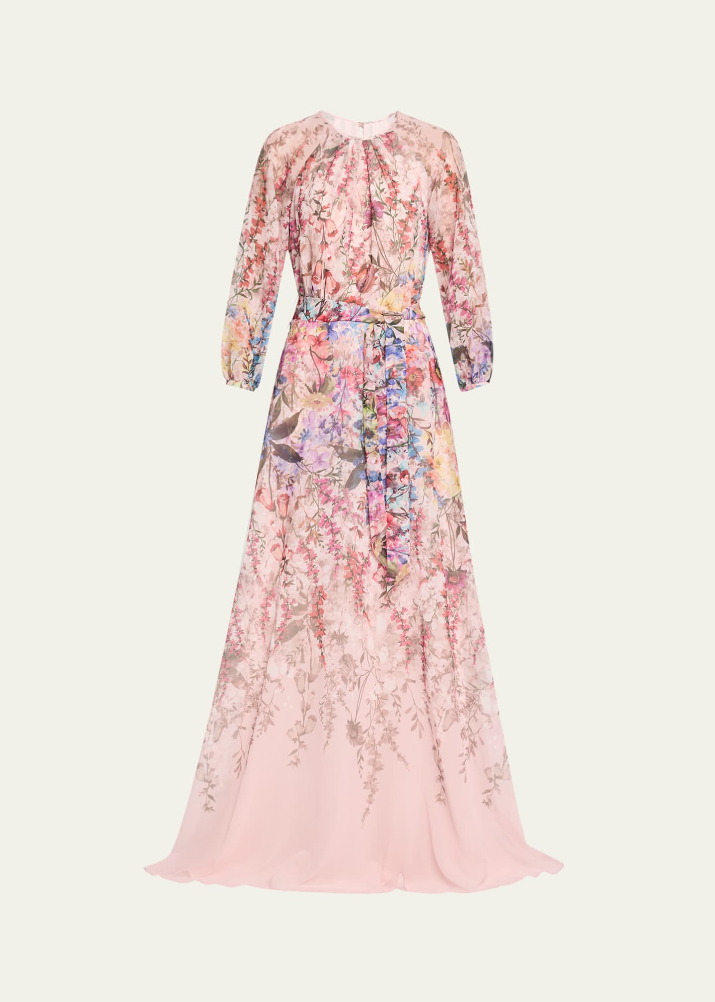 Rickie Freeman for Teri Jon Blouson-Sleeve Floral-Print Chiffon Gown Image 1 of 5