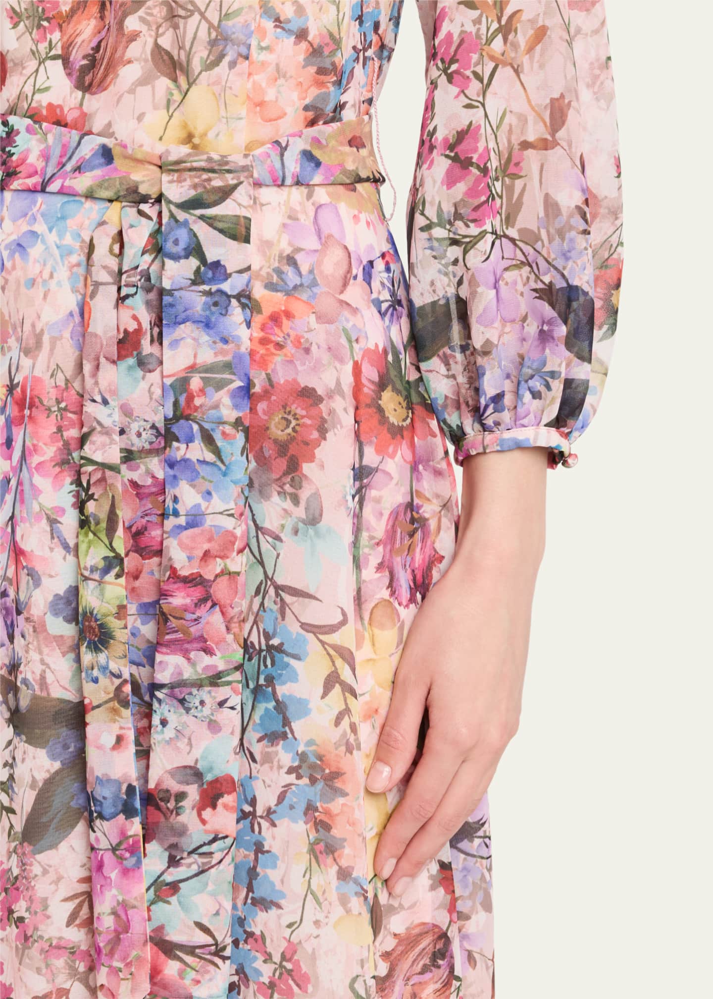 Rickie Freeman for Teri Jon Blouson-Sleeve Floral-Print Chiffon Gown Image 5 of 5