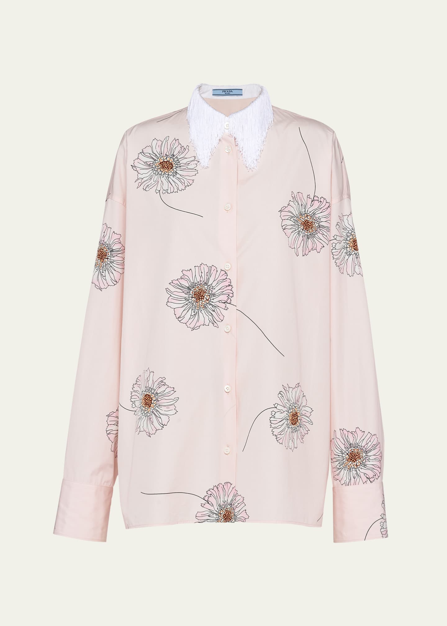Prada Gerbera Print Poplin Button Down Blouse with Fringe Collar Image 1 of 4