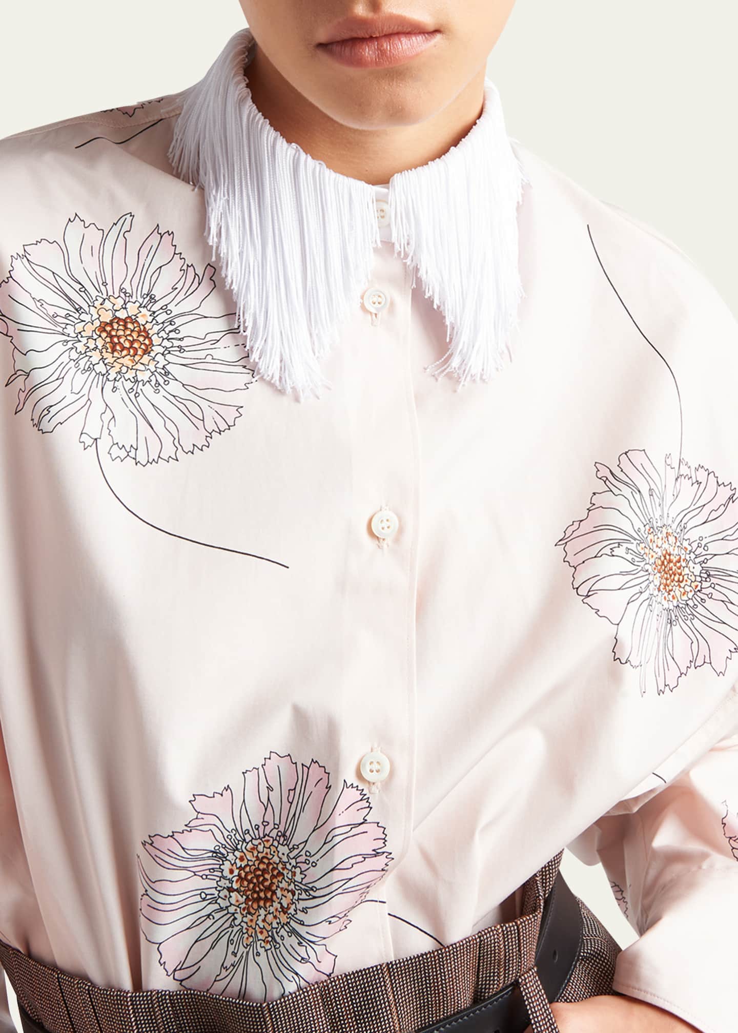 Prada Gerbera Print Poplin Button Down Blouse with Fringe Collar Image 4 of 4