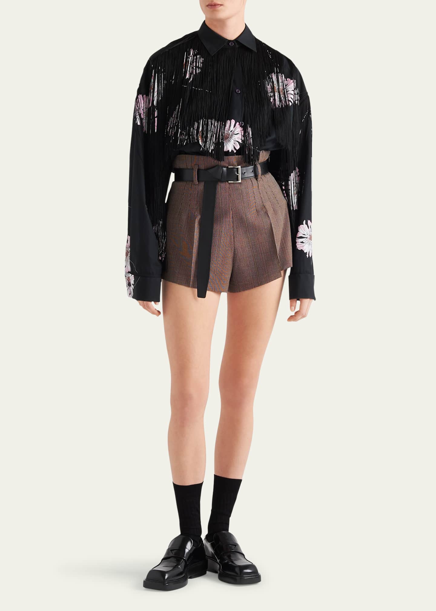 Prada Pinstripe Wool Shorts with Belt - Bergdorf Goodman