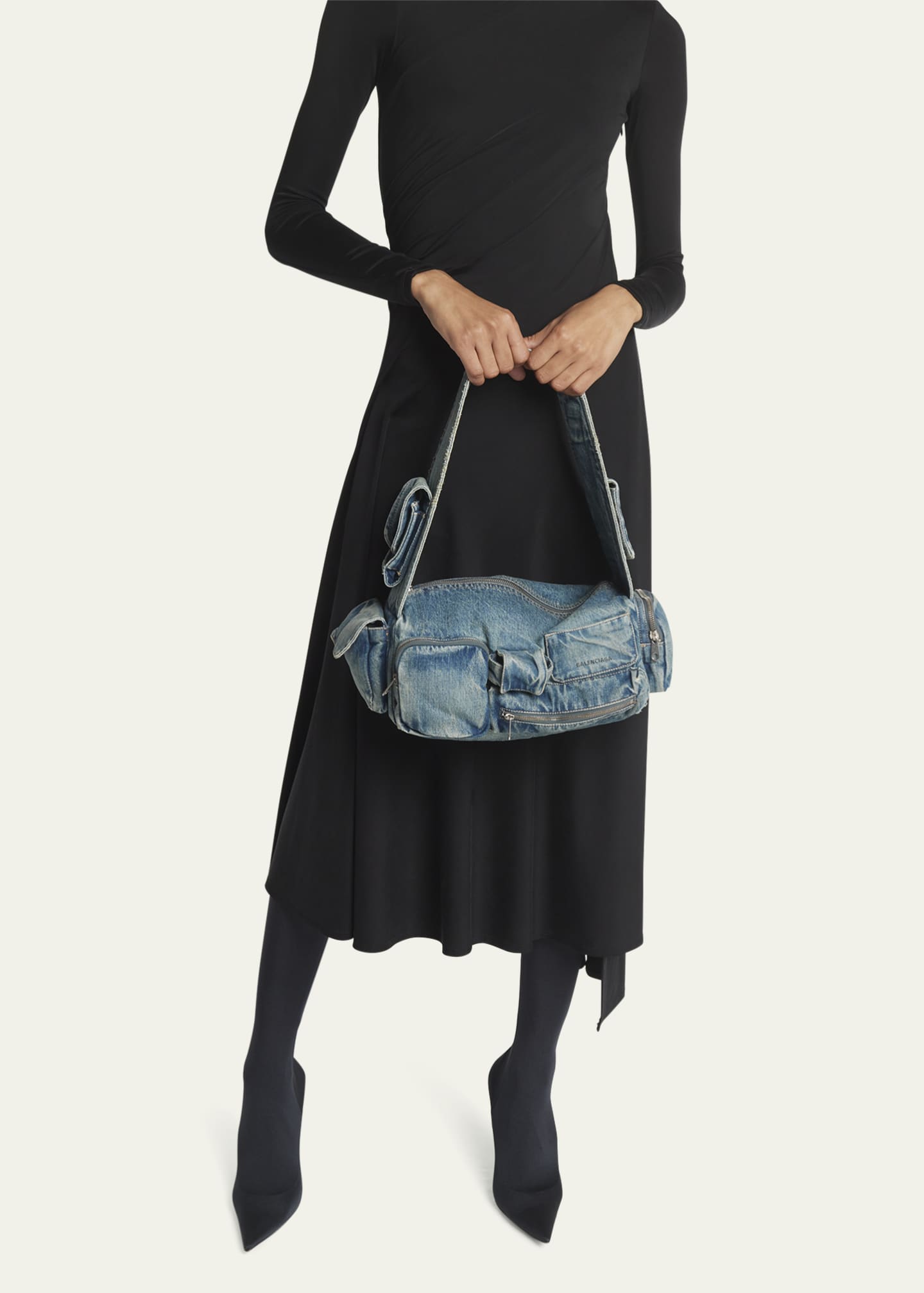 Balenciaga Superbusy Sling Washed Denim Shoulder Bag